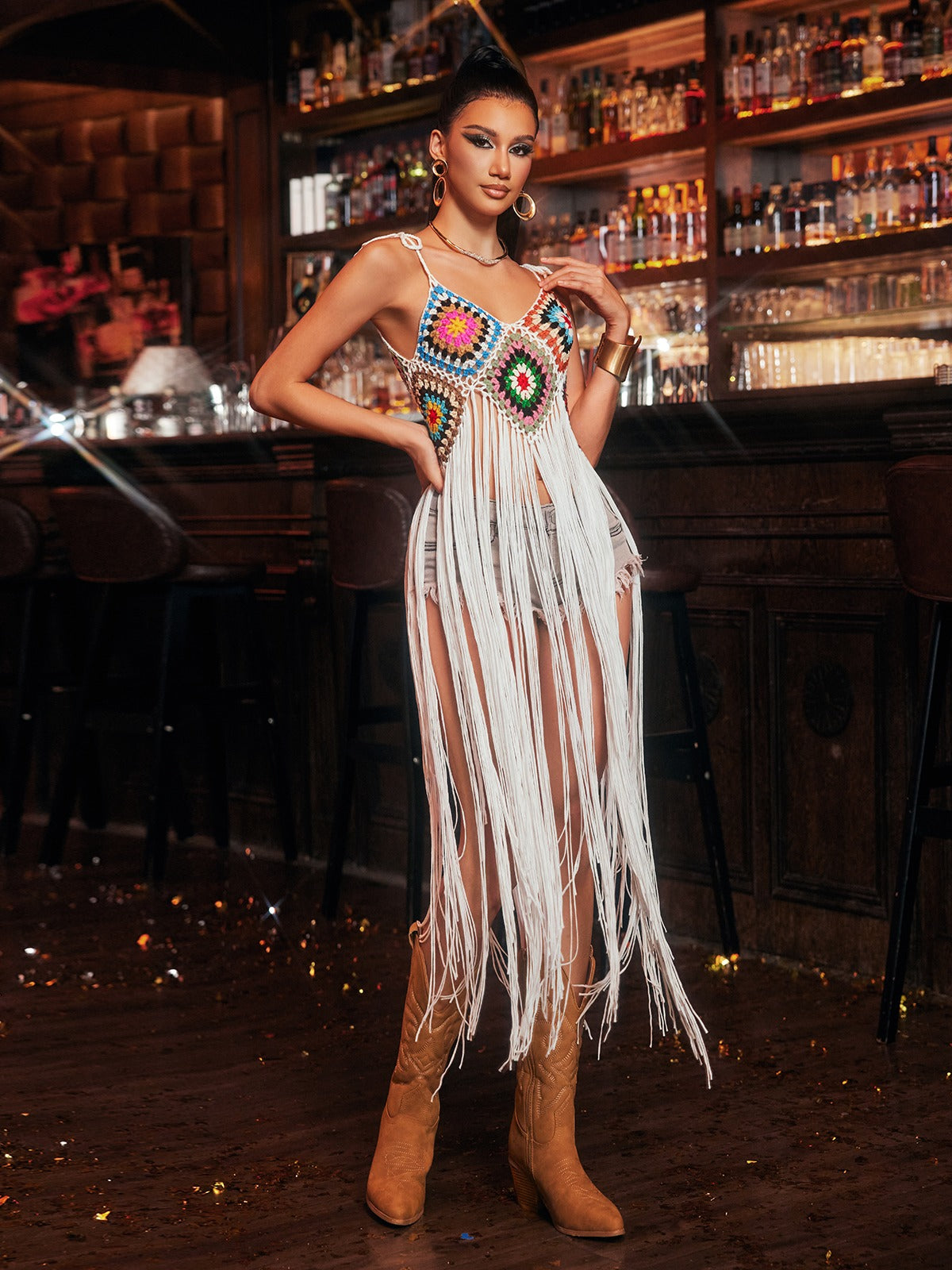 Jyxondra Spaghetti Fringe Knitted Cover Up Dress - Image 4