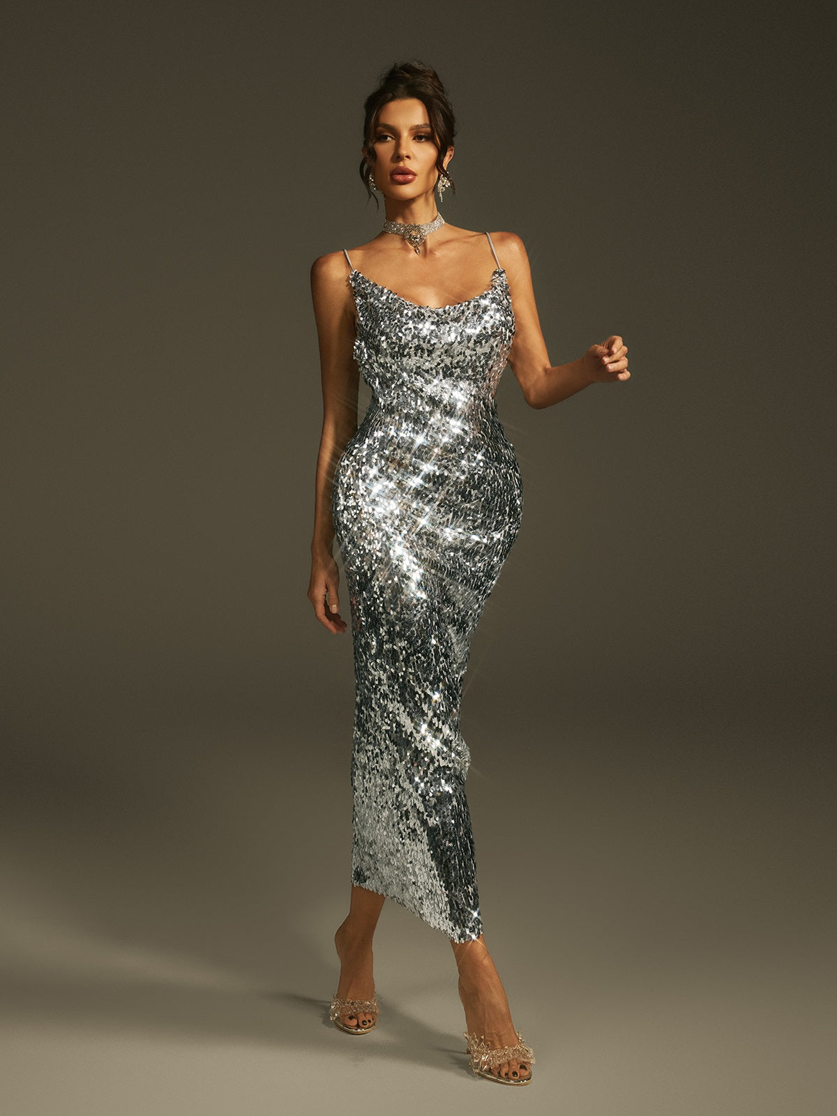 Laurie Spaghetti Sequin Midi Dress In Silver - Image 5