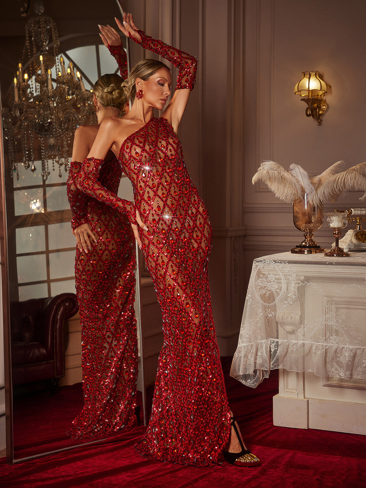 Liora One Shoulder Sequin Crystal Maxi Dress With Gloves In Red - Image 5