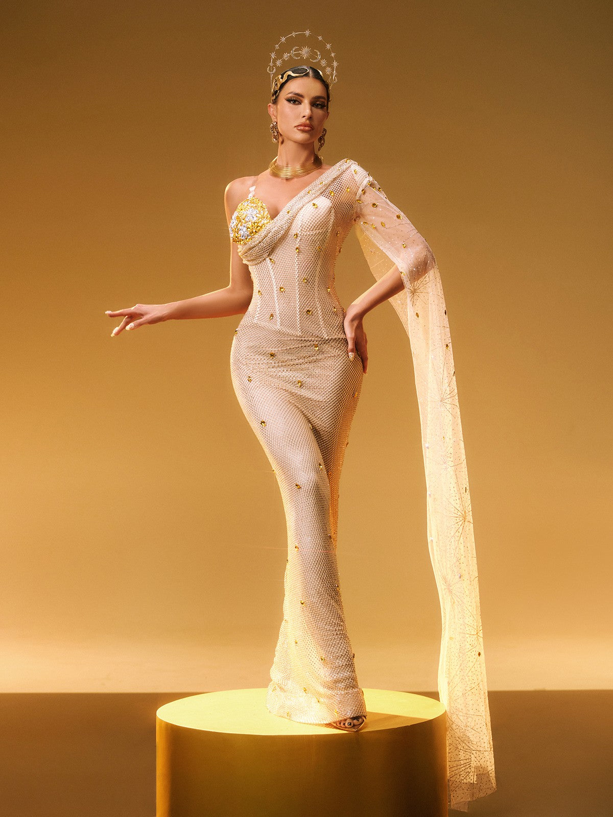 Nebulae One Shoulder Rhinestone Maxi Dress - Image 4