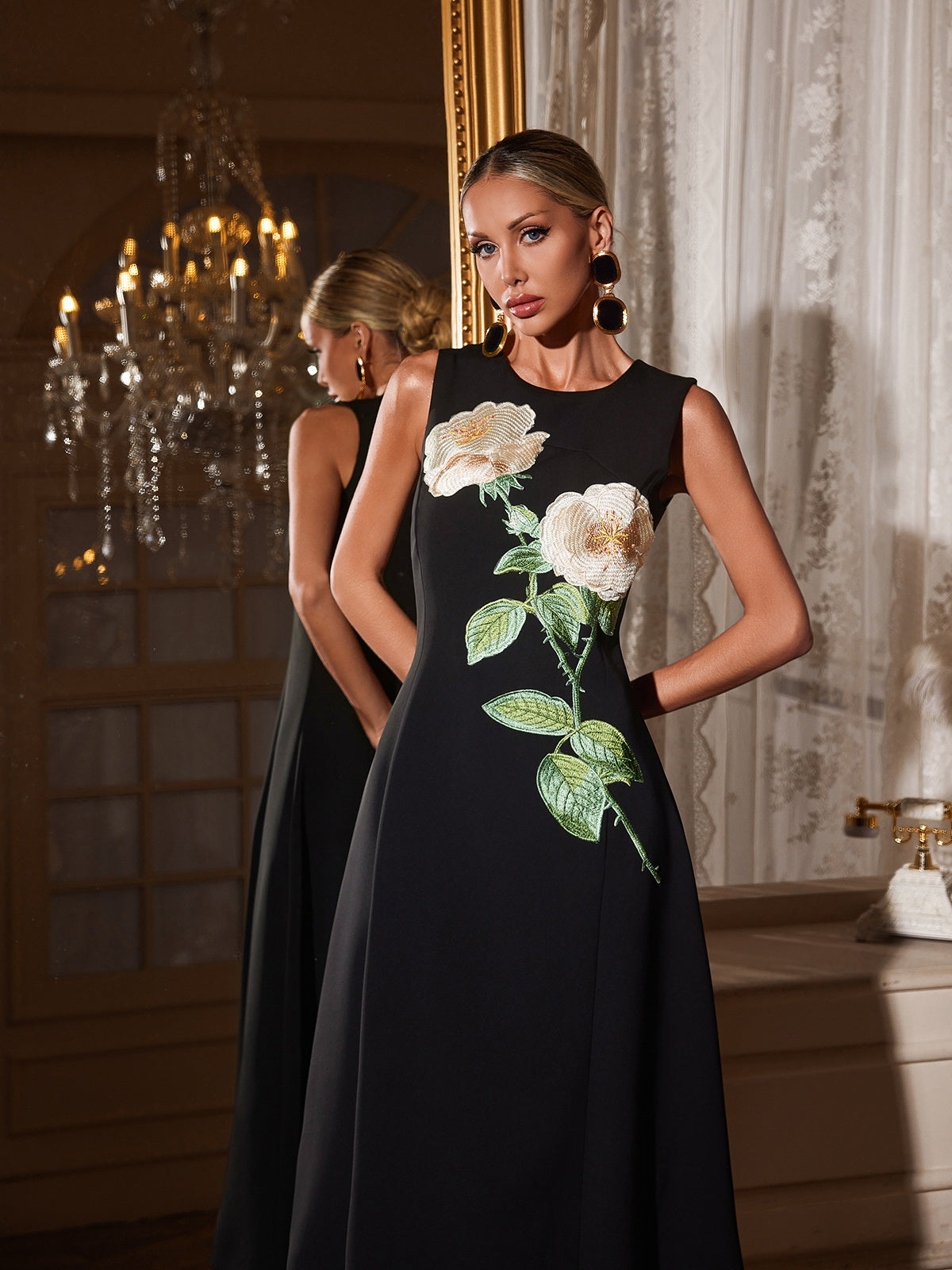 Ogima Sleeveless Flower Embroidered Midi Dress In Black - Image 5