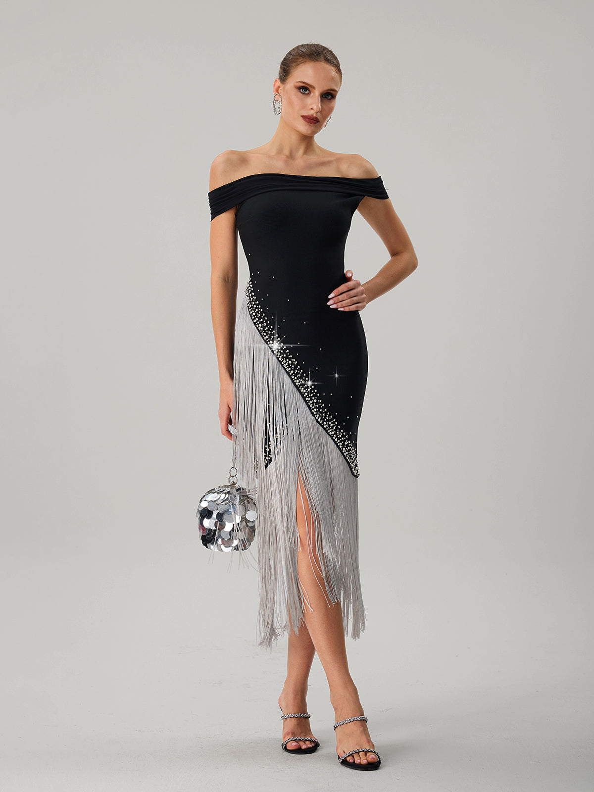 Onatah Off Shoulder Fringe Bandage Midi Dress
