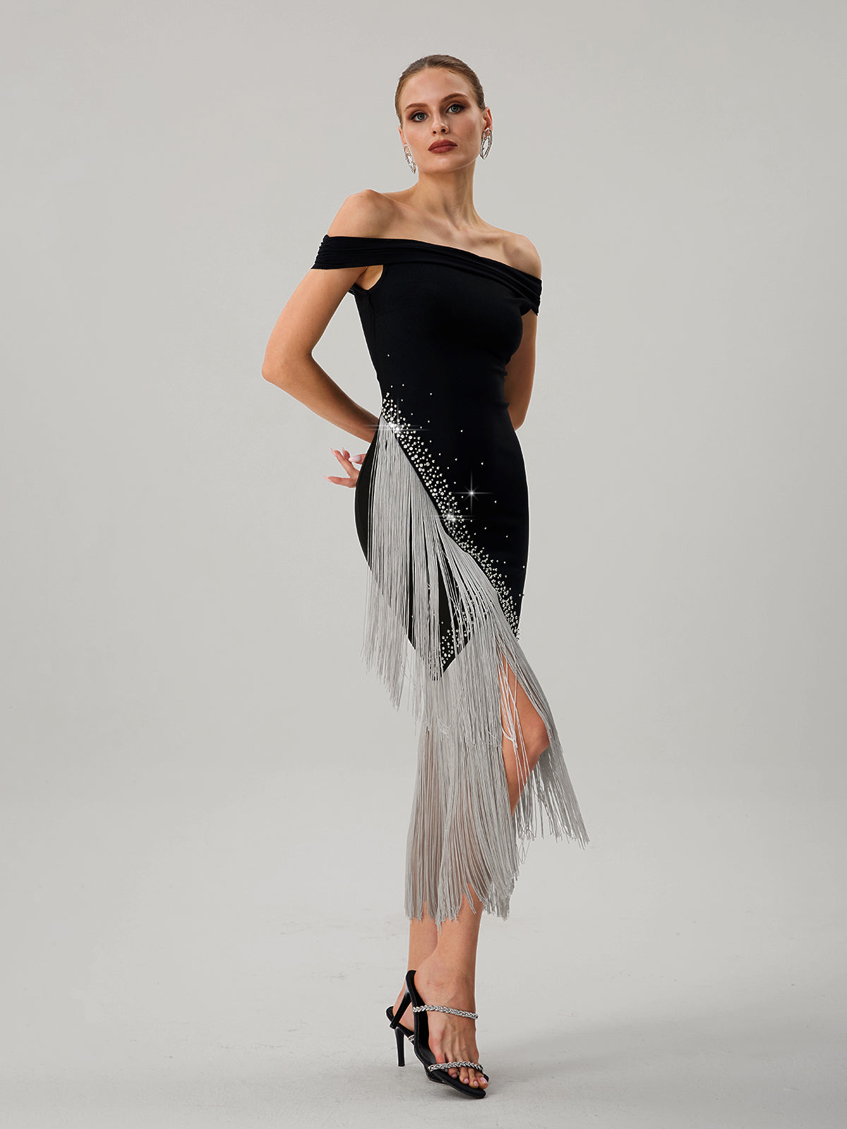 Onatah Off Shoulder Fringe Bandage Midi Dress - Image 3