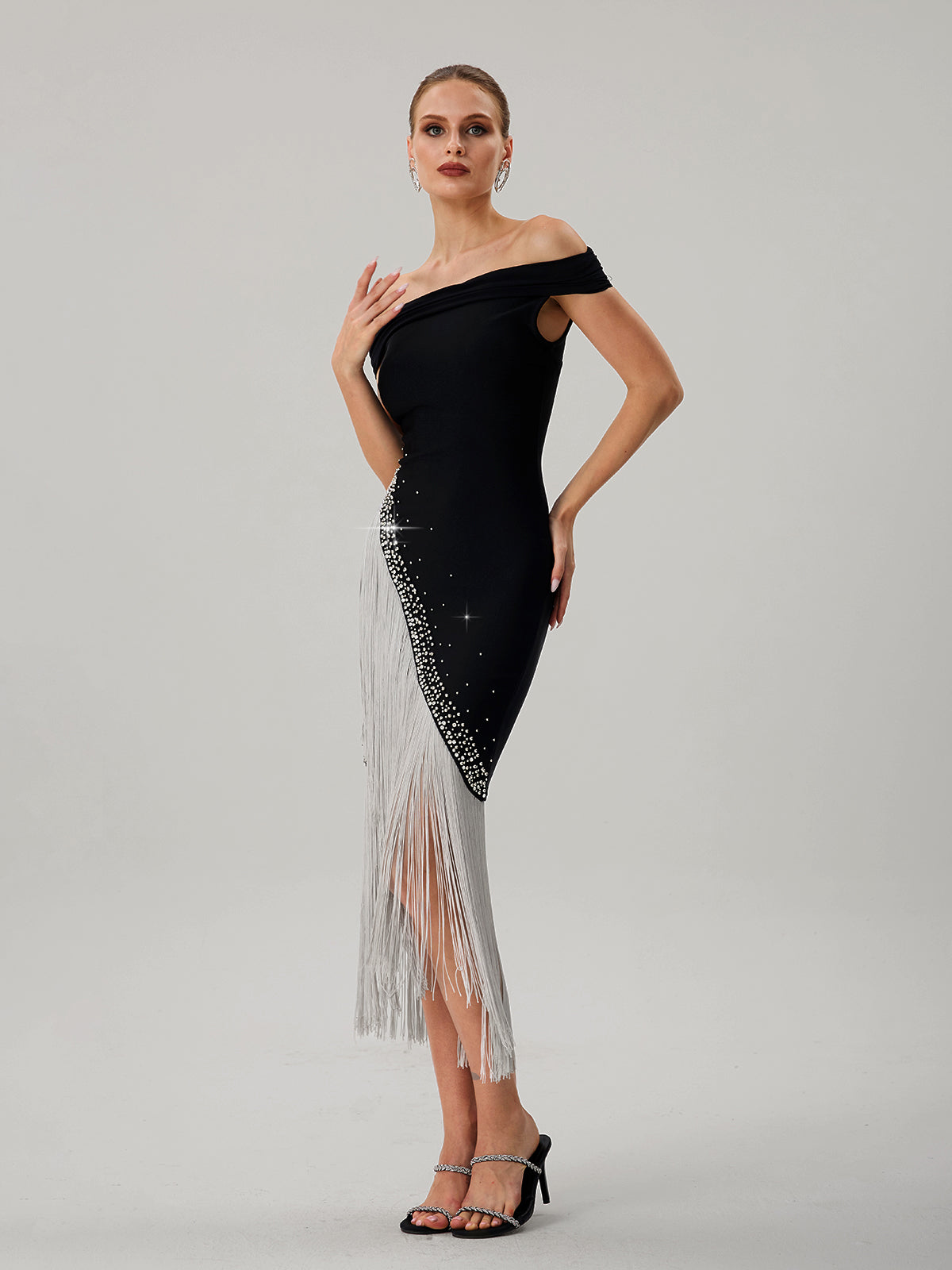Onatah Off Shoulder Fringe Bandage Midi Dress - Image 4