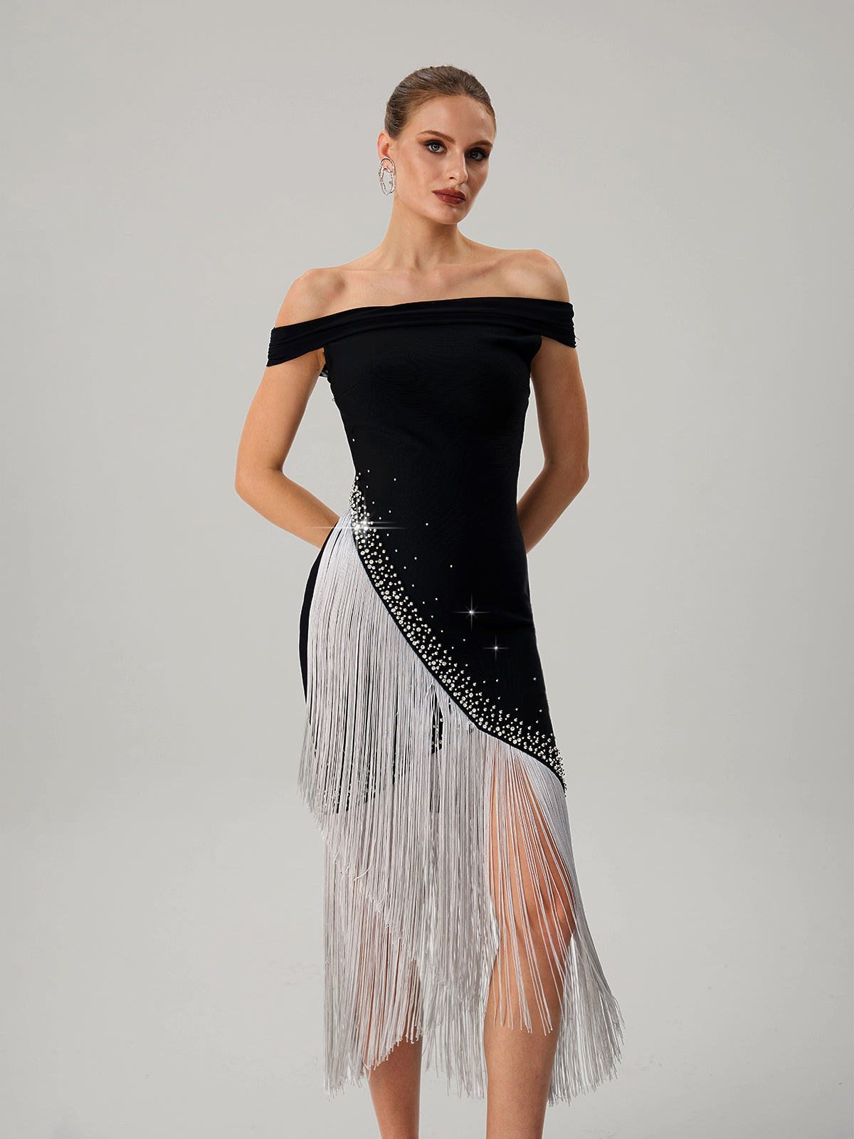 Onatah Off Shoulder Fringe Bandage Midi Dress - Image 5