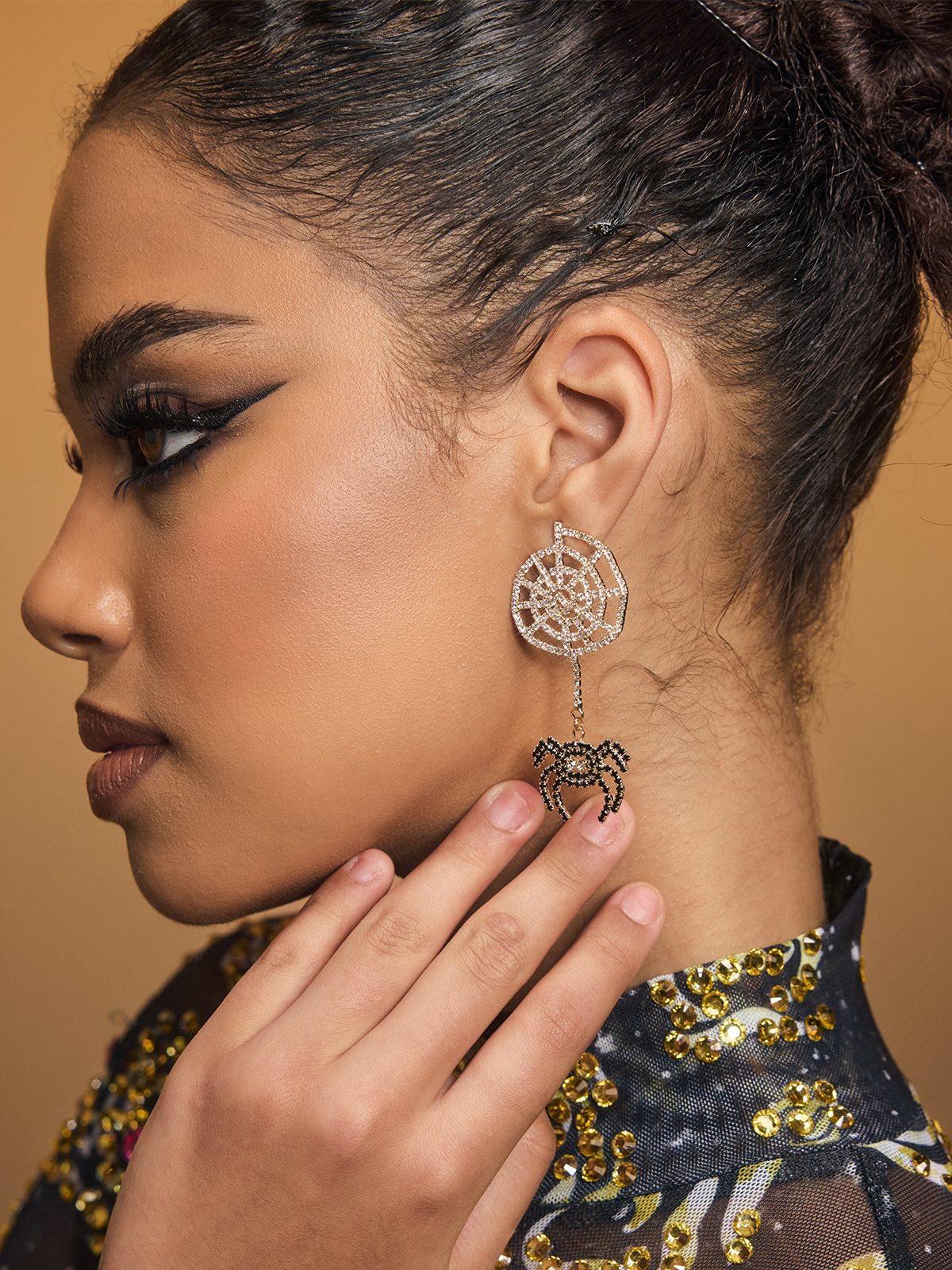 Oryndel Cobweb Rhinestone Earrings - Image 5