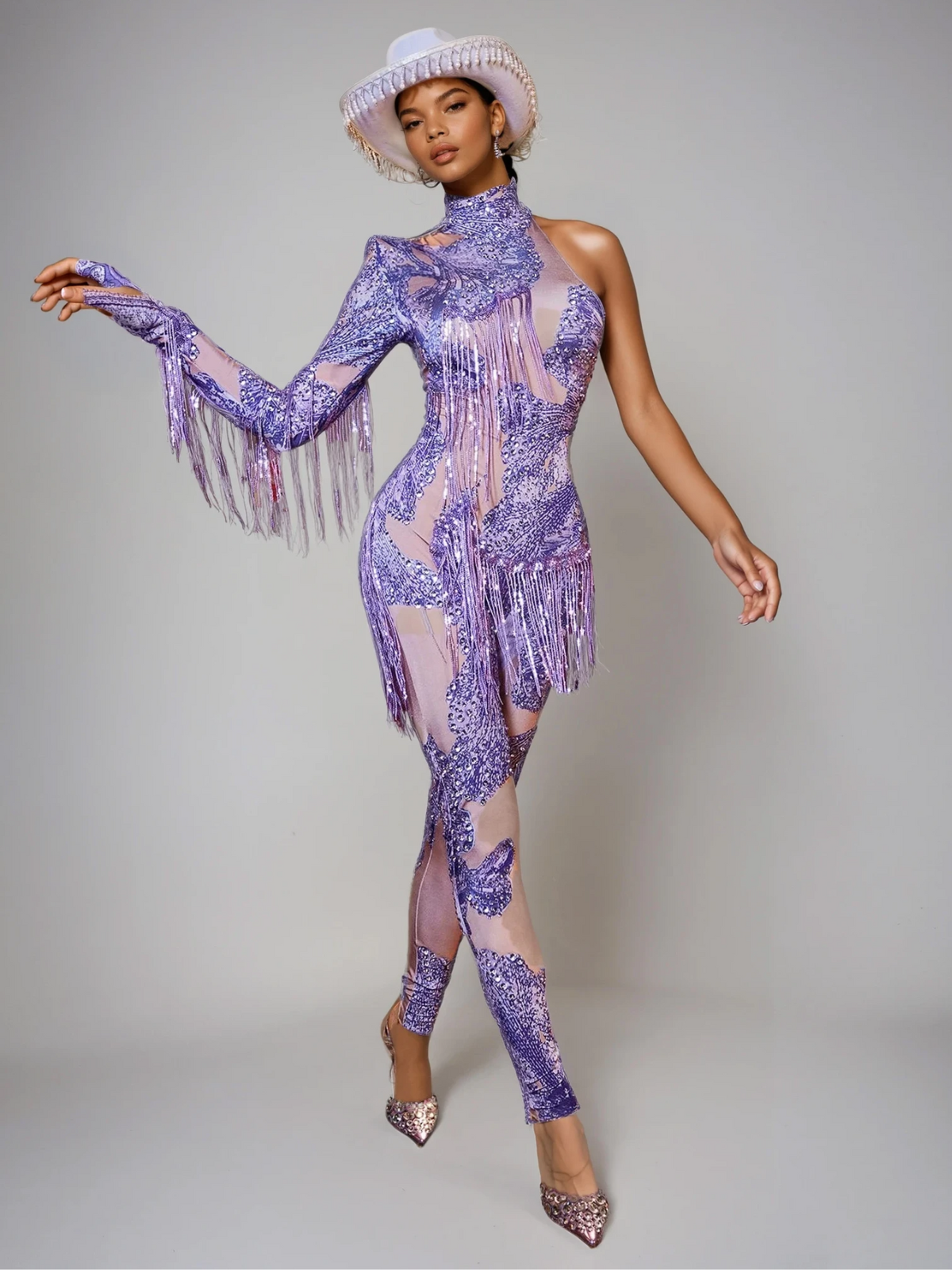 Shatora One Shoulder Rhinestone Fringe Jumpsuit - Image 2