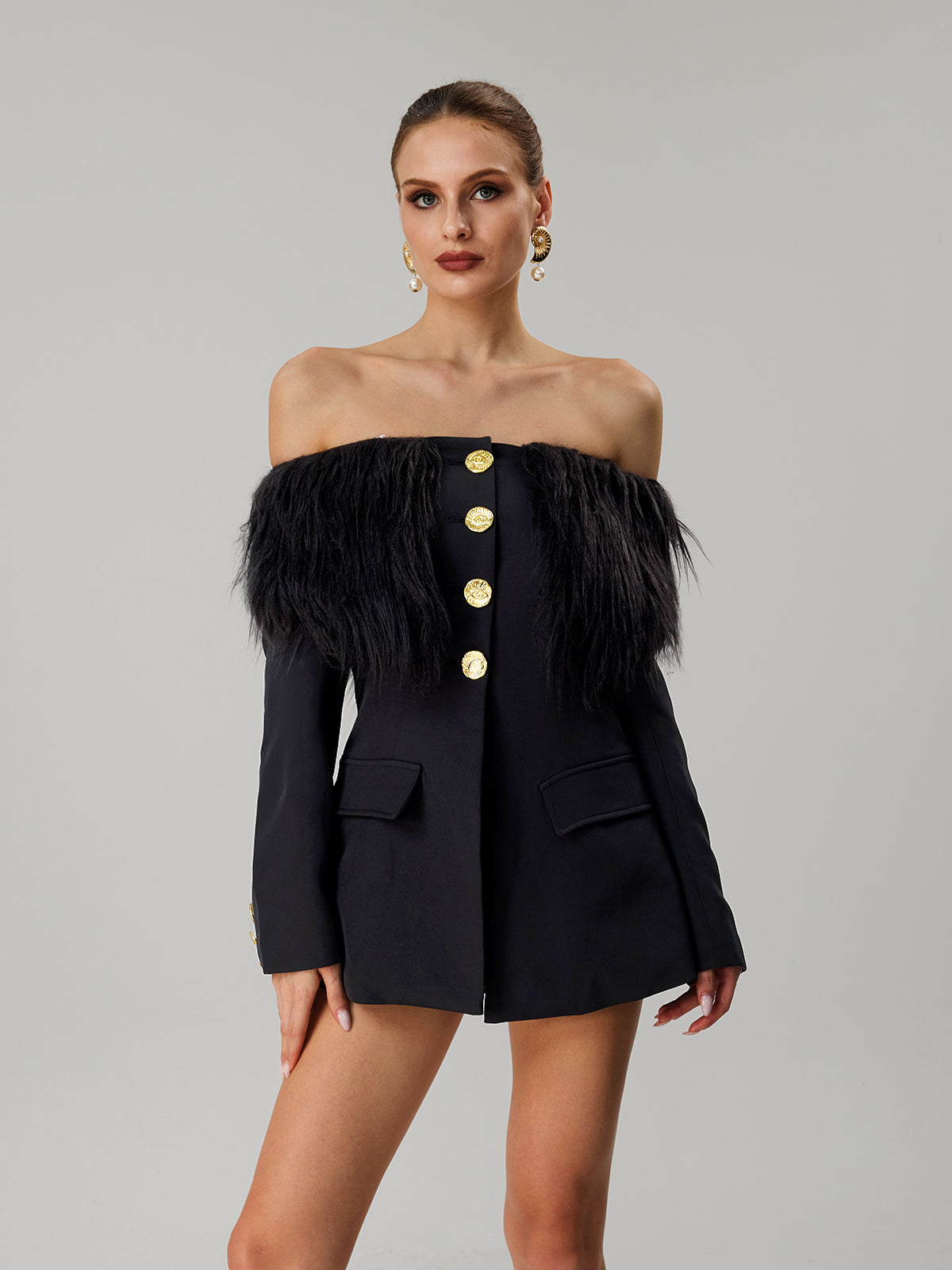 Vazzar Off Shoulder Fringe Blazer