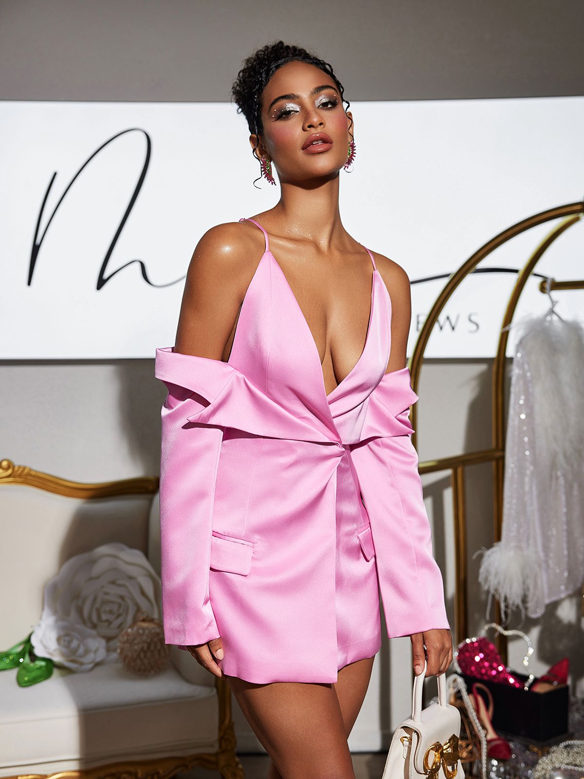 Vila Plunge Draped Satin Blazer - Image 4