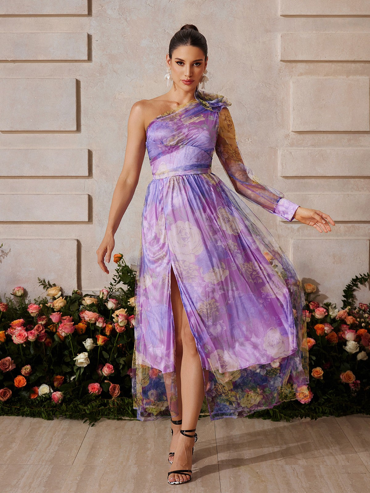 Yexis One Shoulder Split Floral Midi Dress