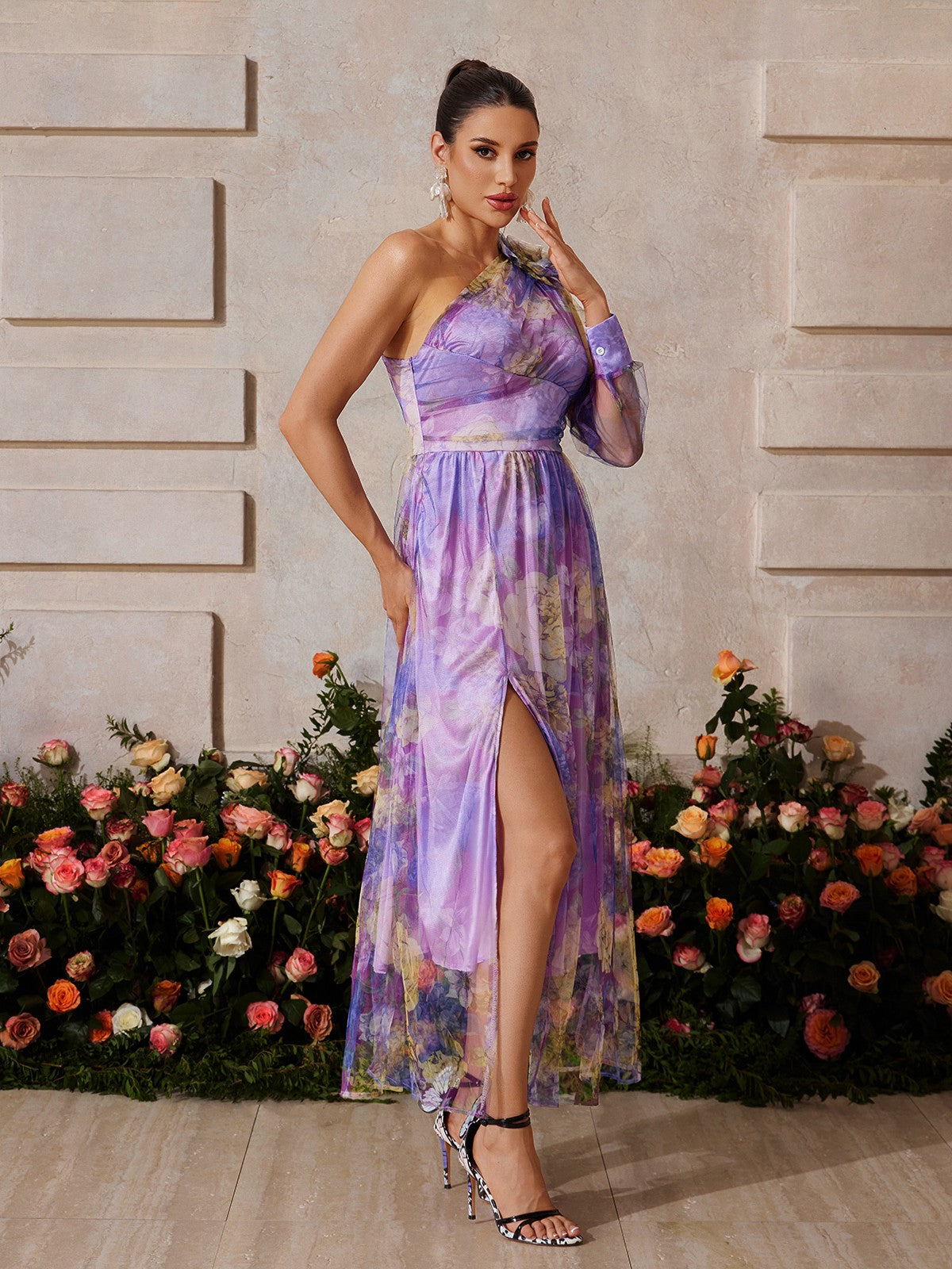 Yexis One Shoulder Split Floral Midi Dress - Image 3