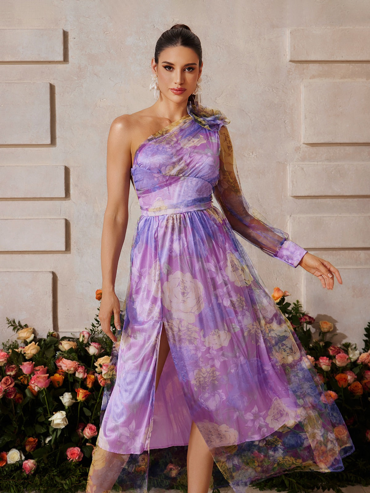 Yexis One Shoulder Split Floral Midi Dress - Image 5