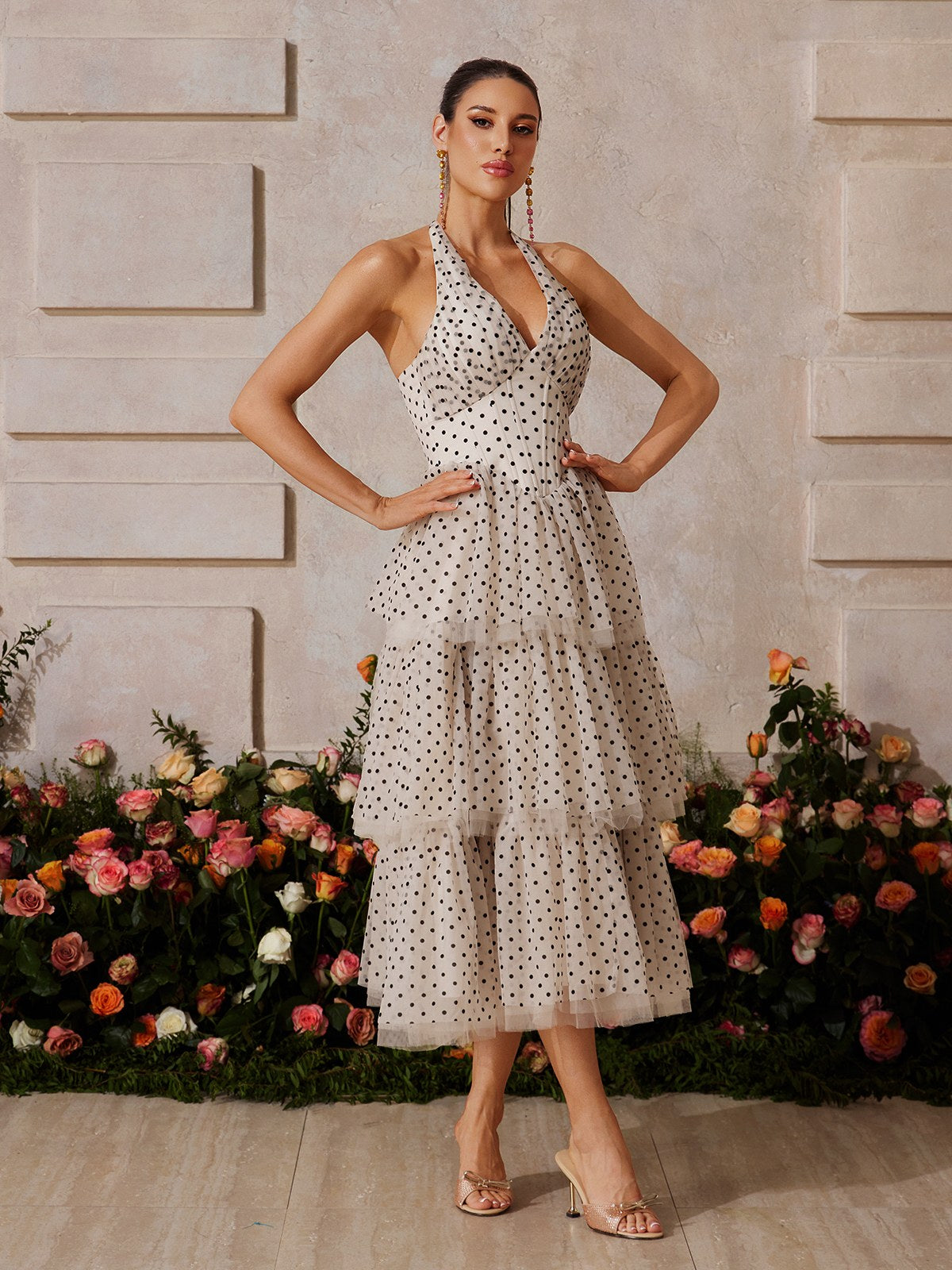 Zalvarya Halterneck Dot Tiered Midi Dress - Image 2