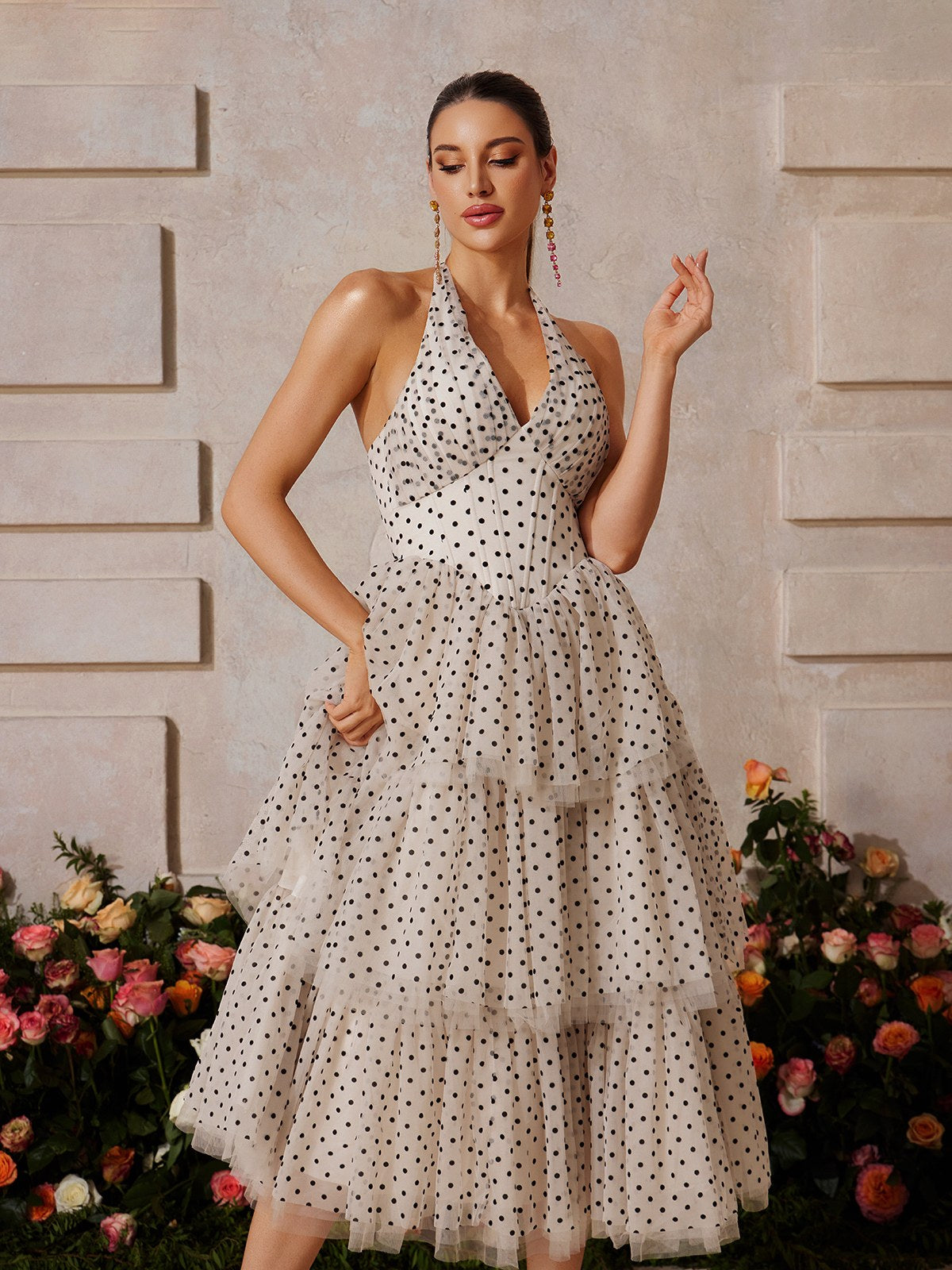 Zalvarya Halterneck Dot Tiered Midi Dress - Image 3