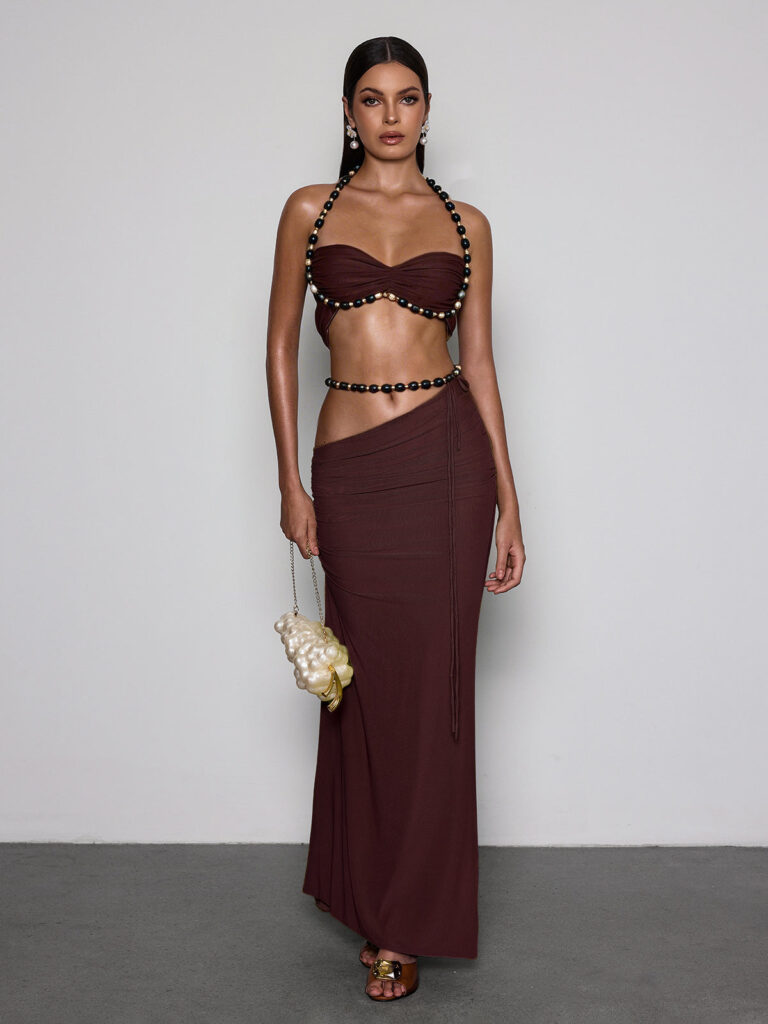 Eryna Halterneck Ruched Skirt Set In Coffee