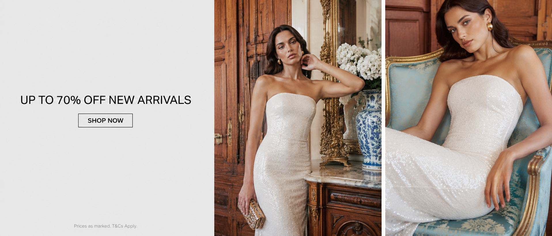 Woman modeling a stunning white sequin strapless evening dress in a luxurious mansion setting.