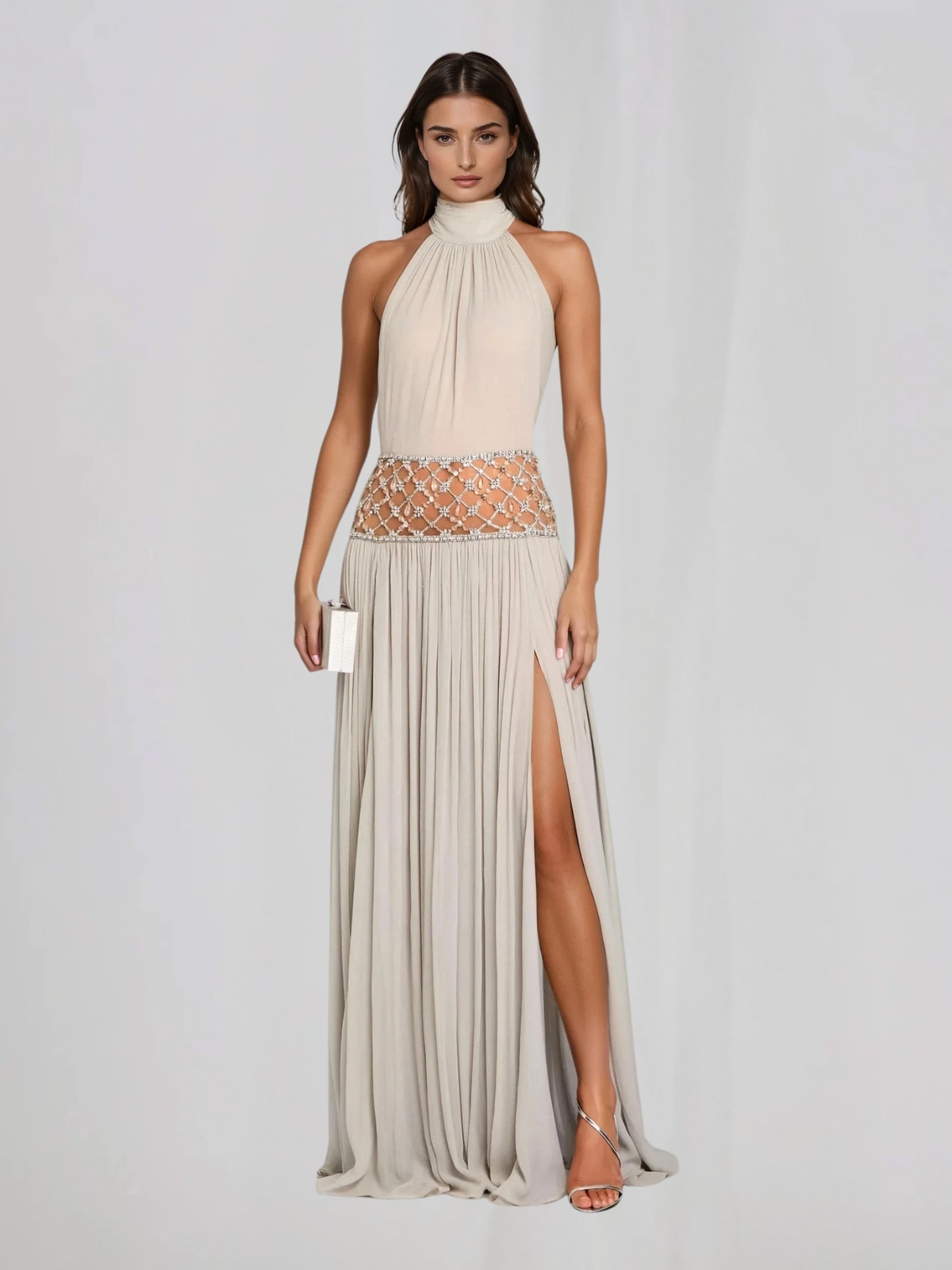 Altoir Halterneck Ruched Crystal Maxi Dress In Beige