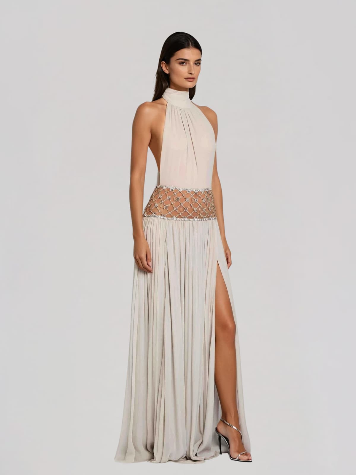 Altoir Halterneck Ruched Crystal Maxi Dress In Beige - Image 2