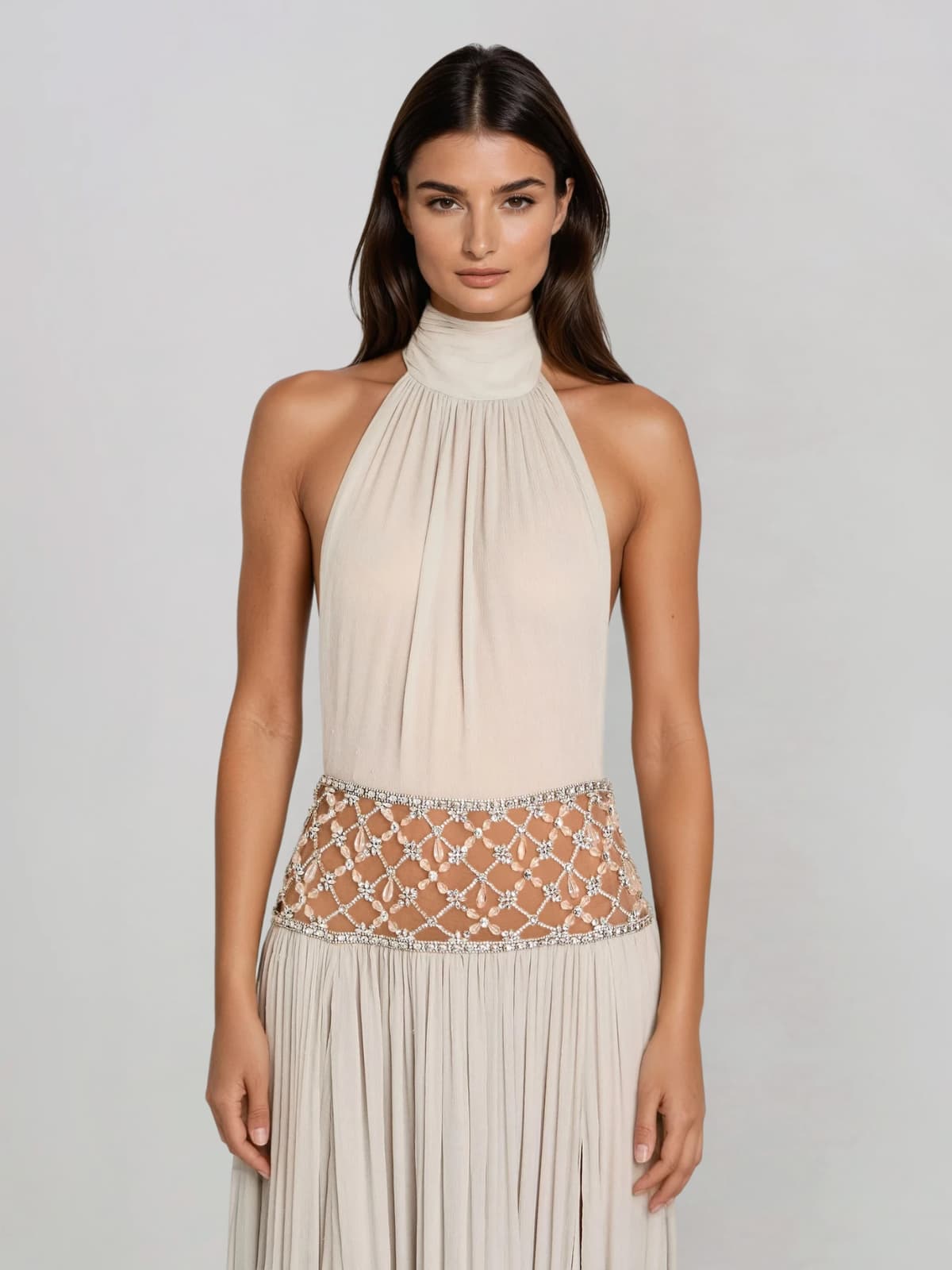 Altoir Halterneck Ruched Crystal Maxi Dress In Beige - Image 3