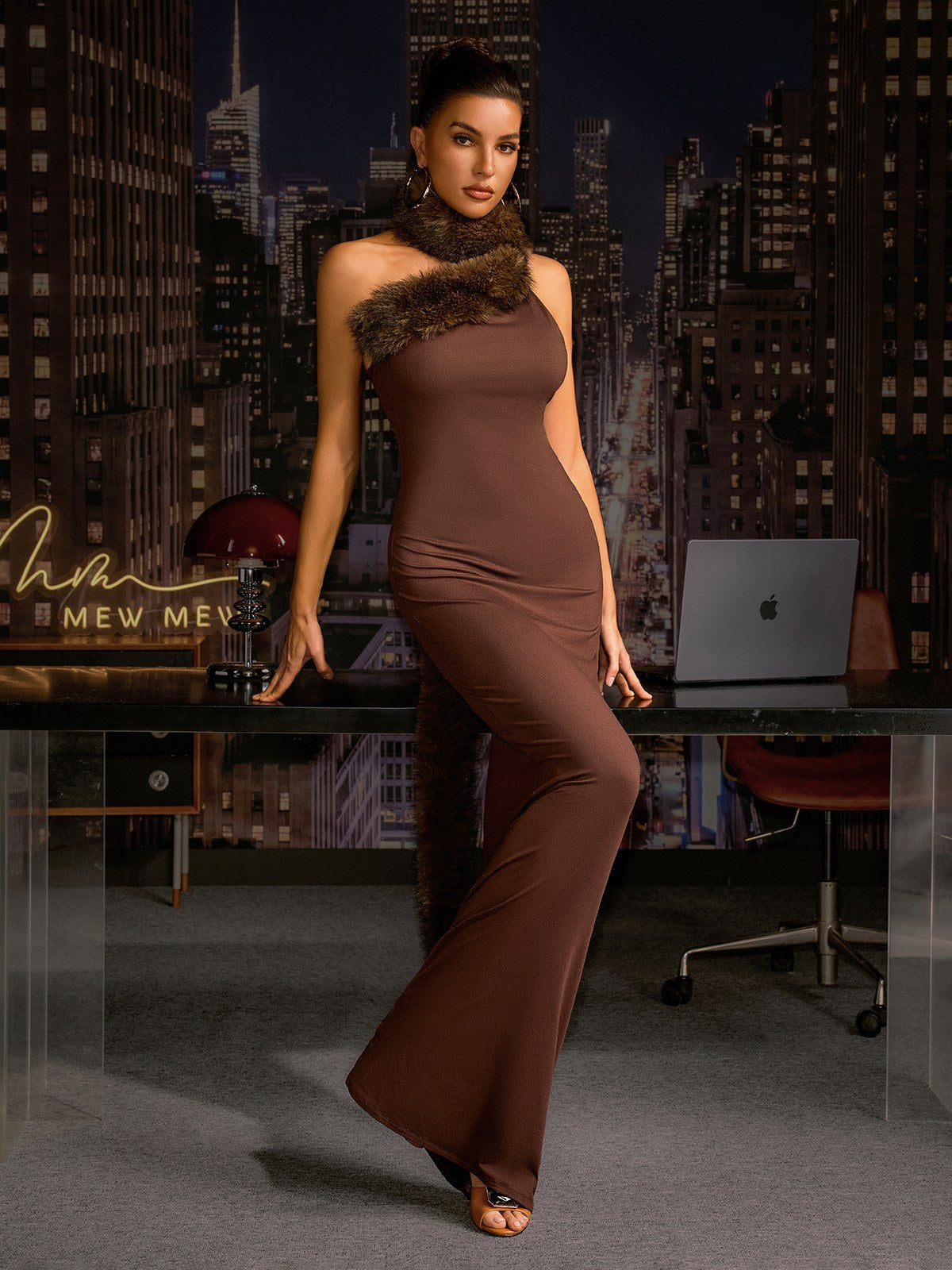 Andrey One Shoulder Faux Fur Maxi Dress - Image 5