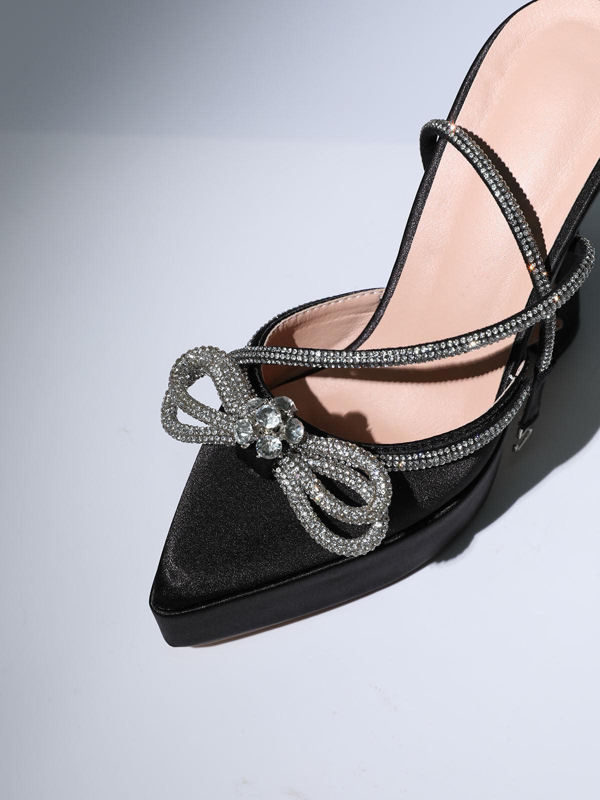 Anouk Bow Crystal Satin Heels In Black - Image 2