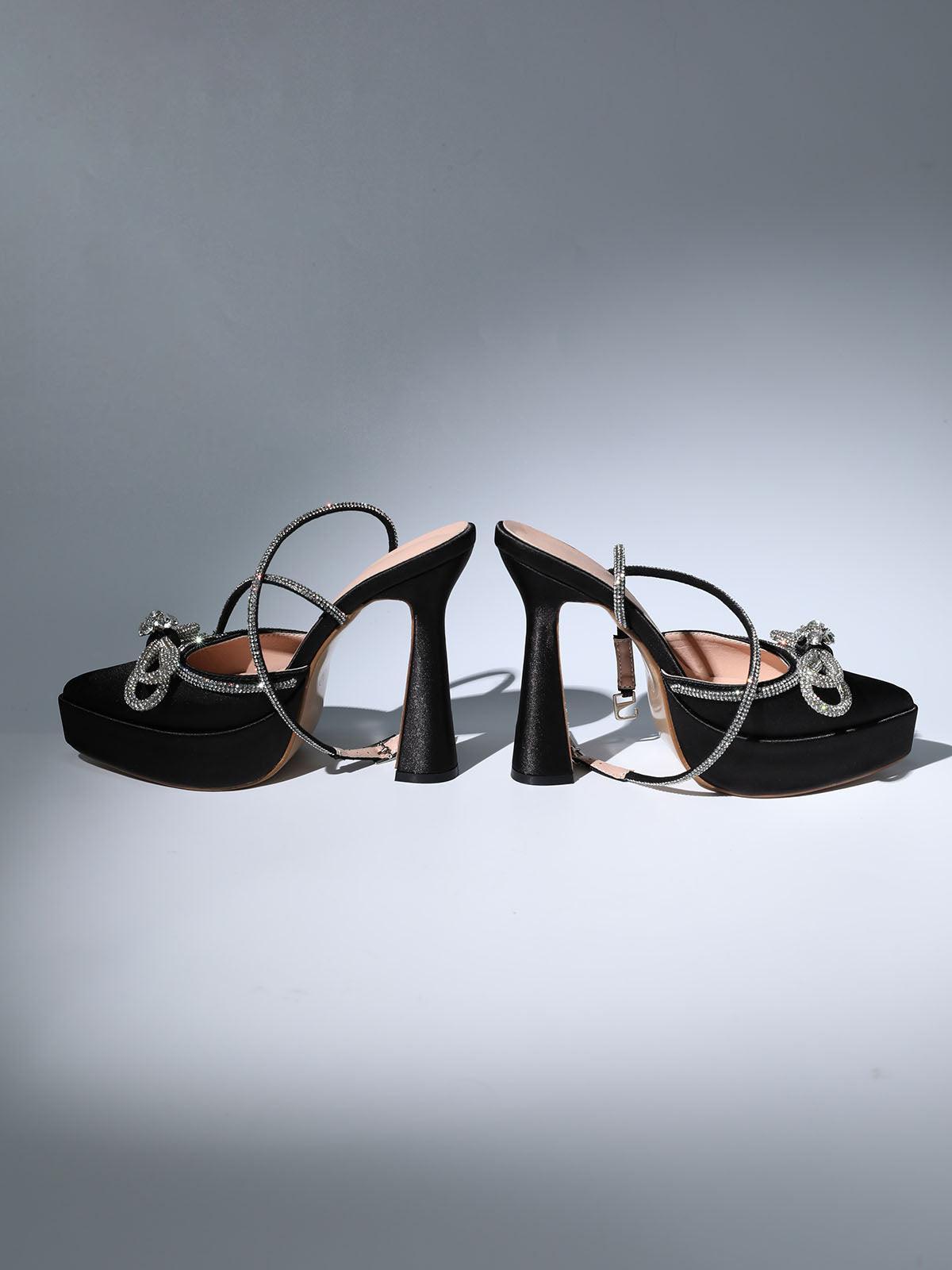 Anouk Bow Crystal Satin Heels In Black - Image 3