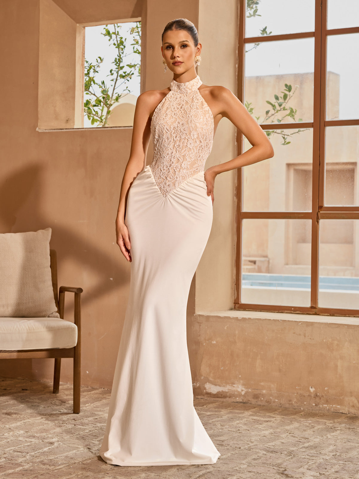 Aqvion Backless Lace Ruched Maxi Dress In White - Image 2
