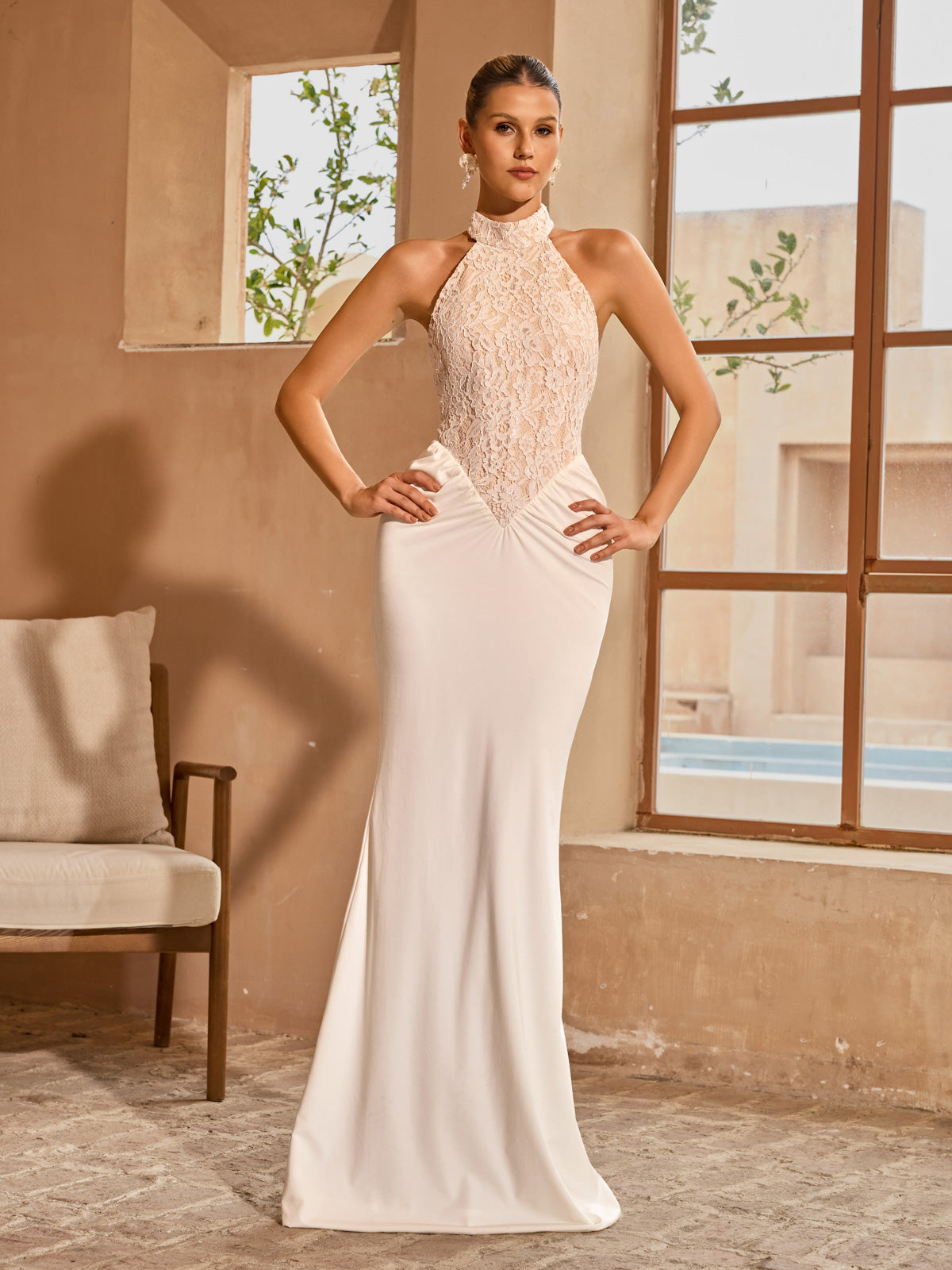 Aqvion Backless Lace Ruched Maxi Dress In White - Image 3