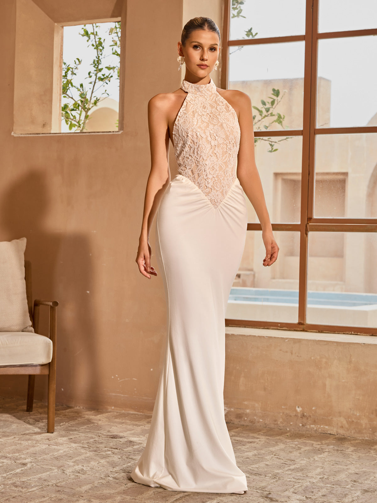 Aqvion Backless Lace Ruched Maxi Dress In White - Image 4