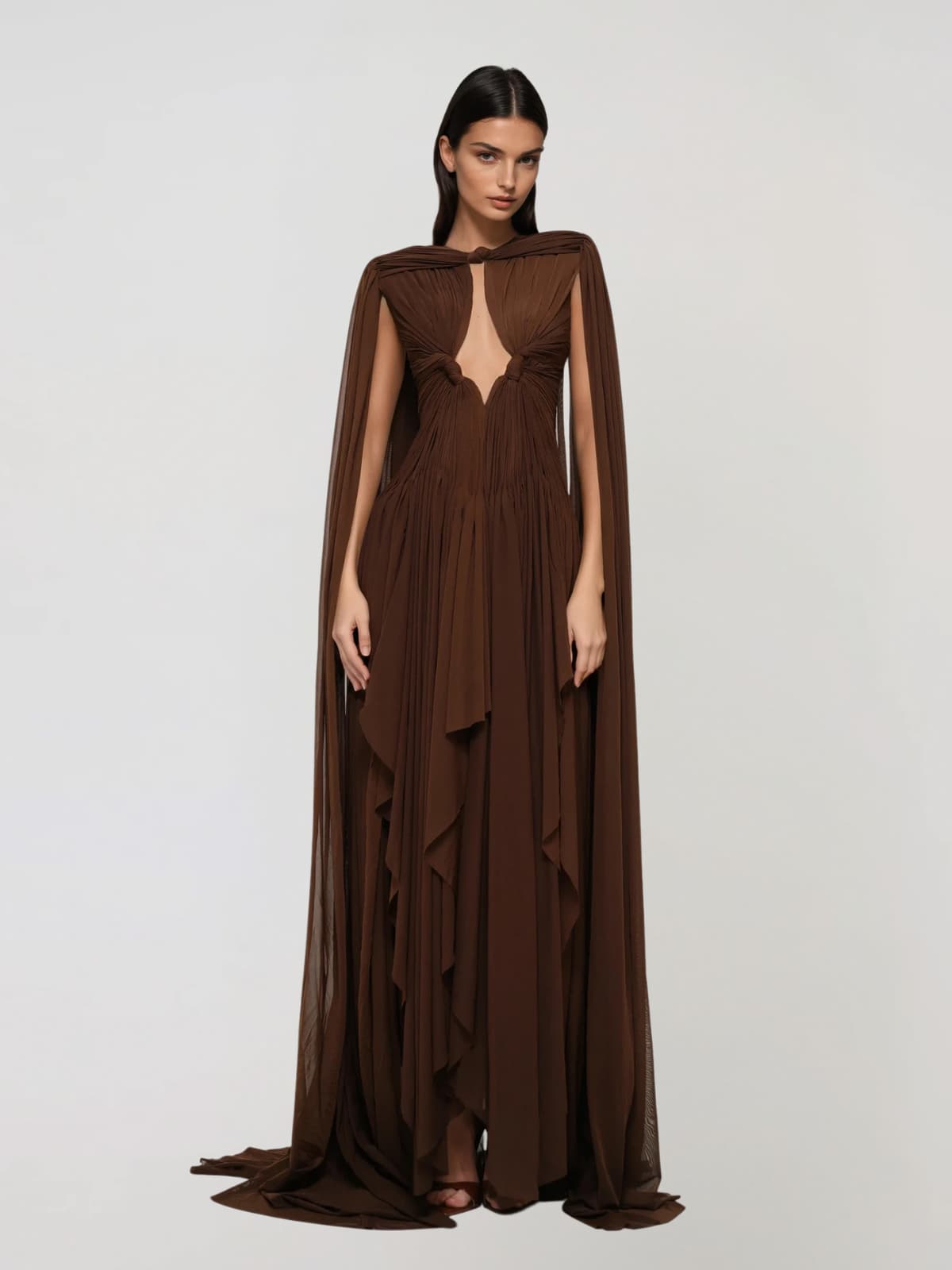 Arveth Cape Ruched Twisted Maxi Dress