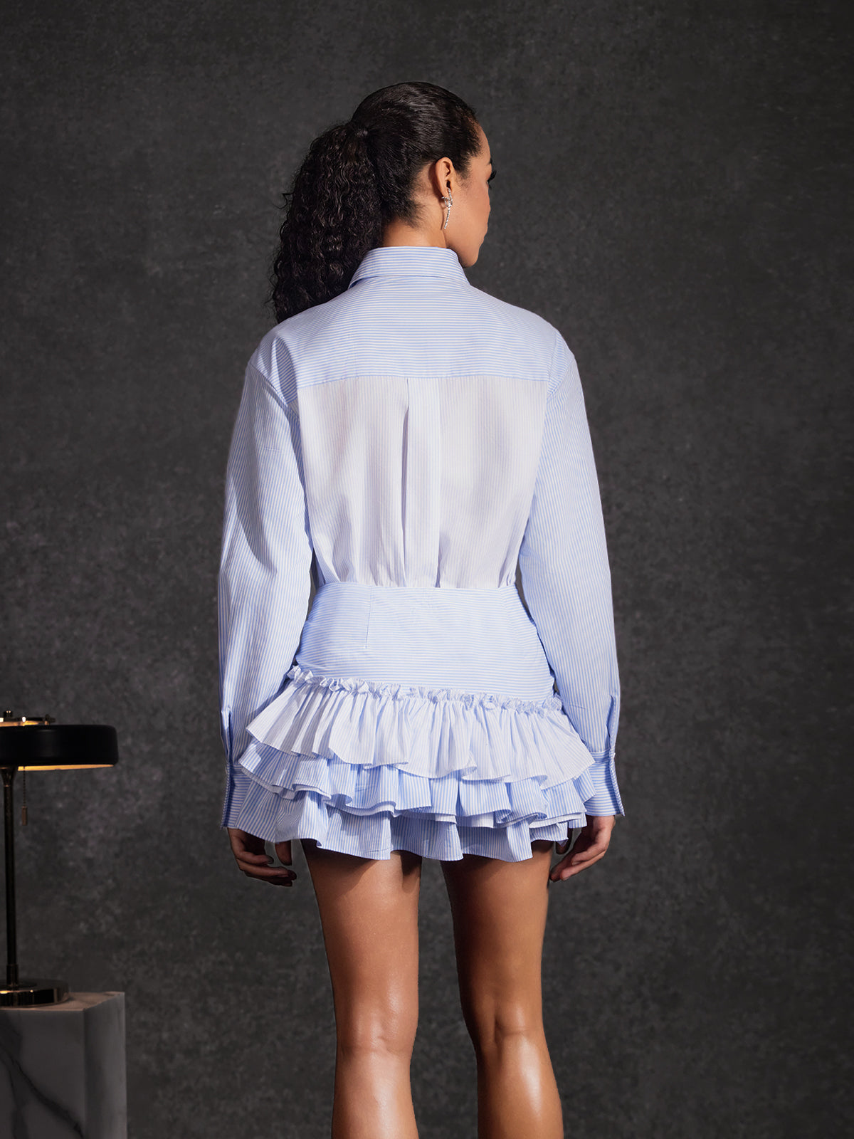 Azimuth Folded Collar Stripe Tiered Skirt Set - Image 6