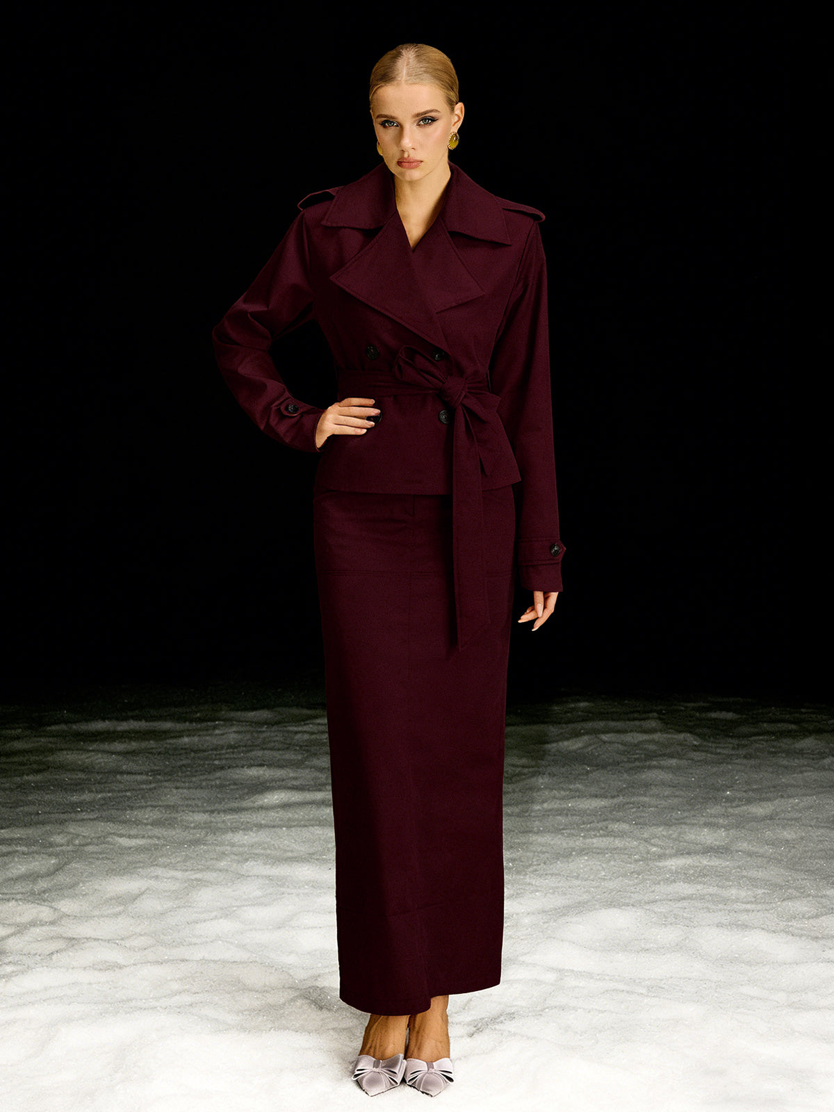 Barny Trench Coat Skirt Set In Wine