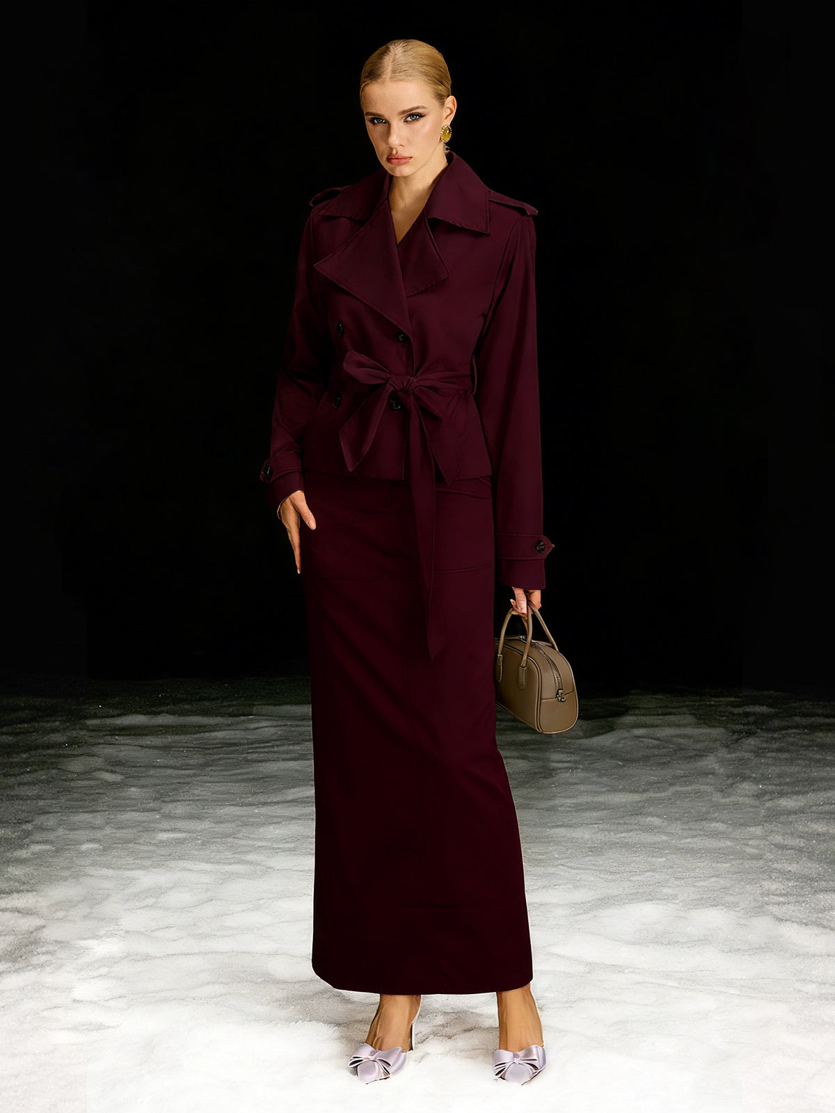 Barny Trench Coat Skirt Set In Wine - Image 2