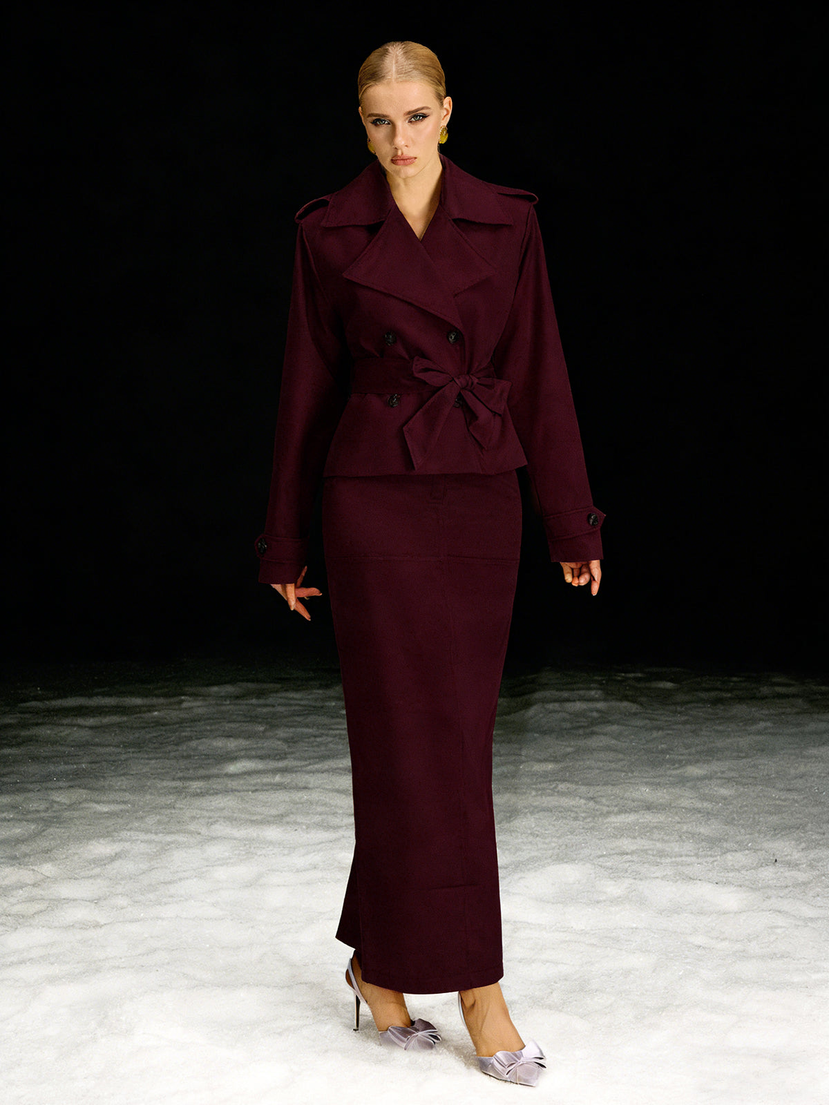 Barny Trench Coat Skirt Set In Wine - Image 3