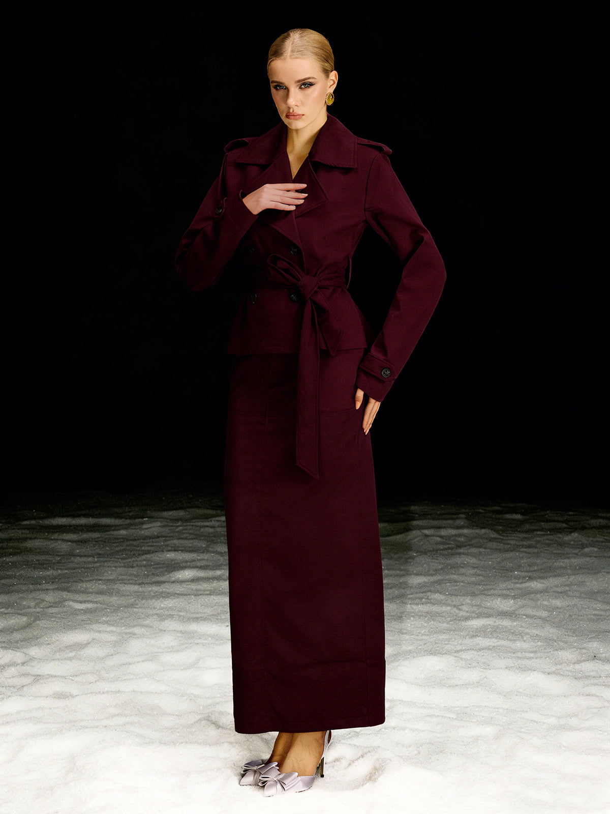 Barny Trench Coat Skirt Set In Wine - Image 4