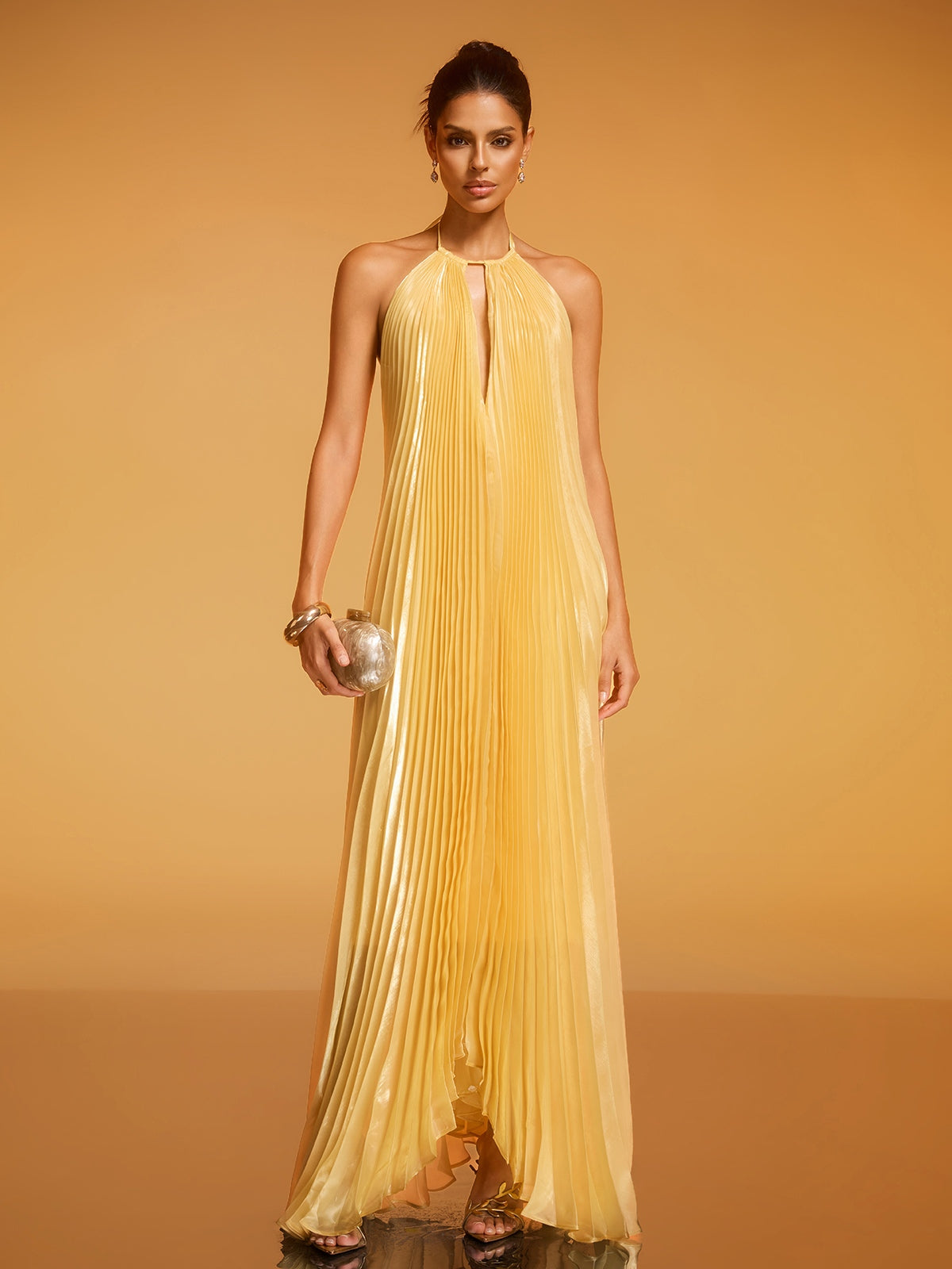 Belvix Backless Pleated Metallic Maxi Dress