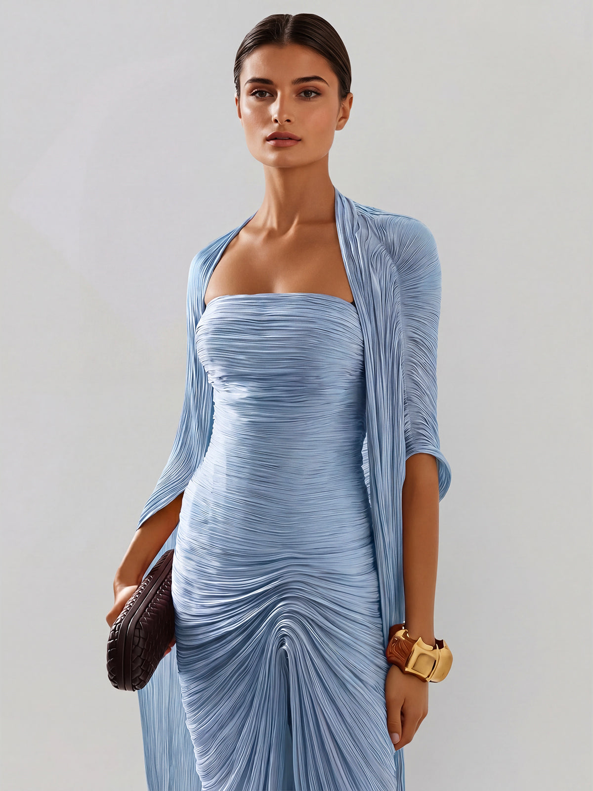 Bravexia Cape Ruched Split Maxi Dress In Baby Blue