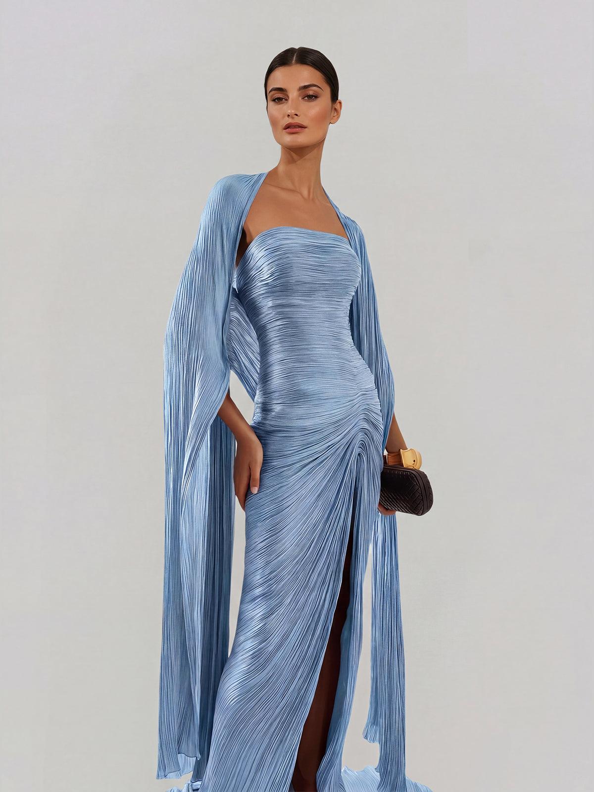Bravexia Cape Ruched Split Maxi Dress In Baby Blue - Image 2