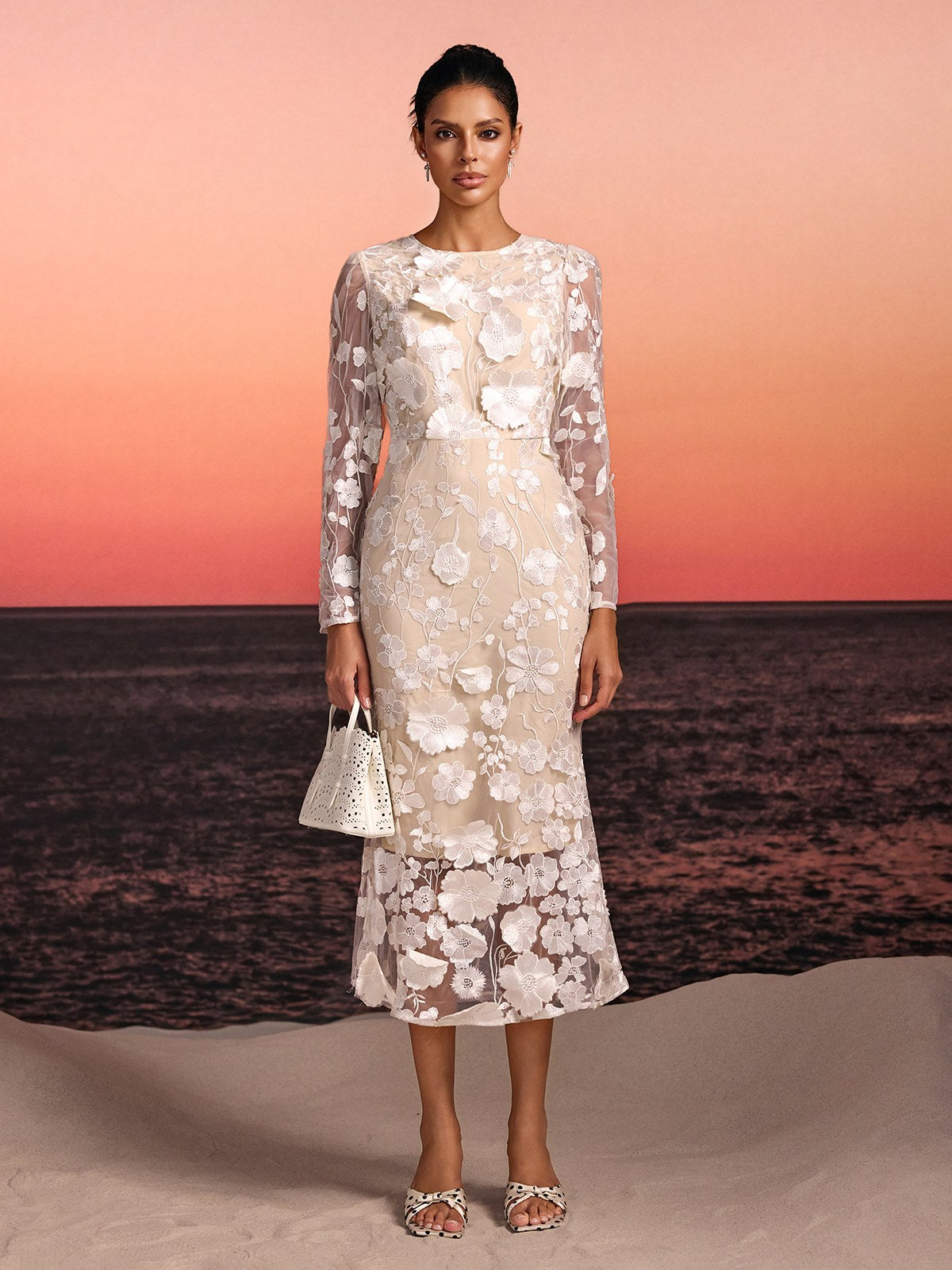 Brenik Embroidered Flower Midi Dress