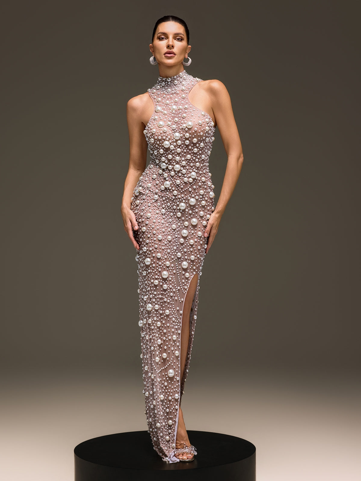 Celsa Sleeveless Pearl Mesh Split Dress