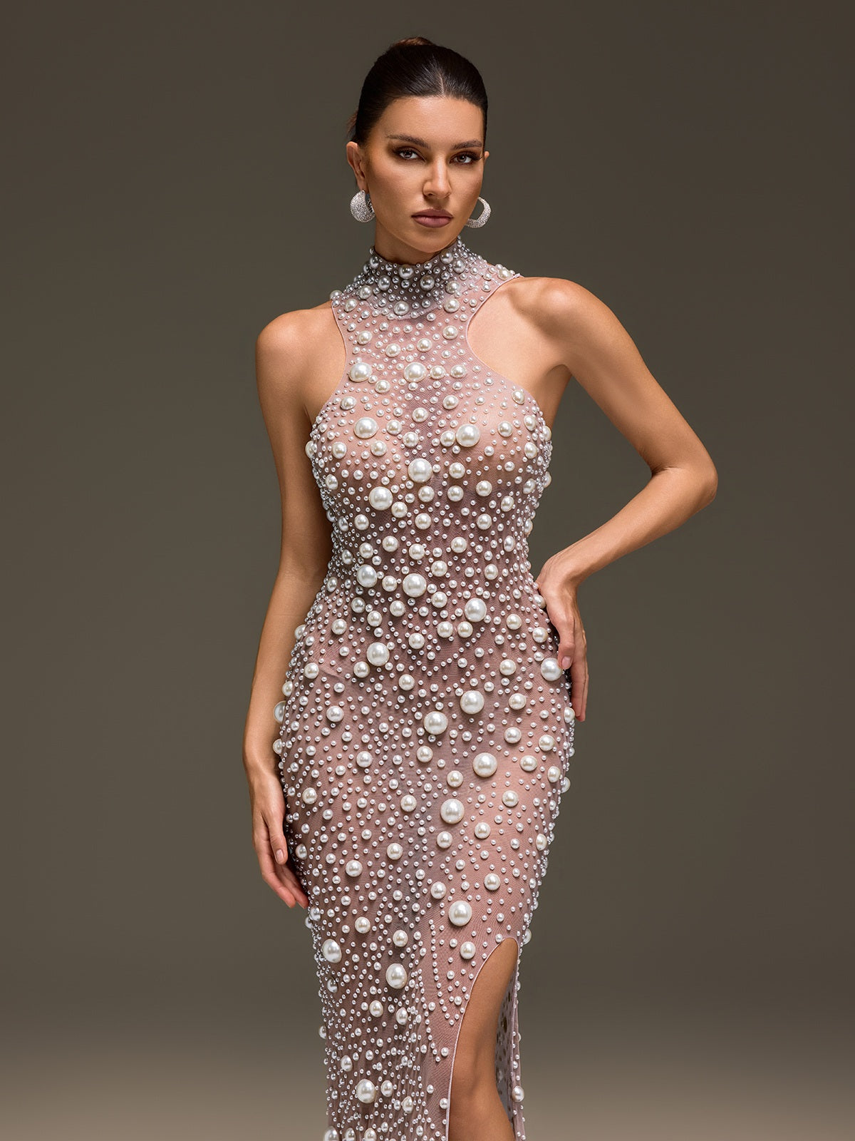 Celsa Sleeveless Pearl Mesh Split Dress - Image 5