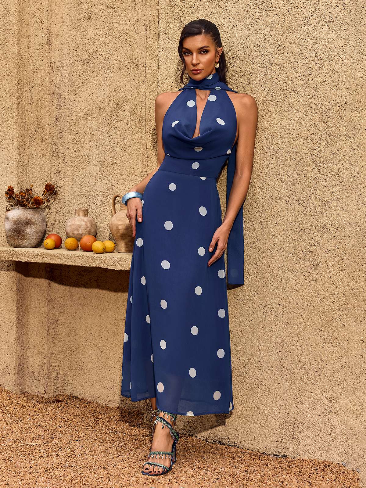 Chelo Cowl Neck Dot Maxi Dress - Image 5