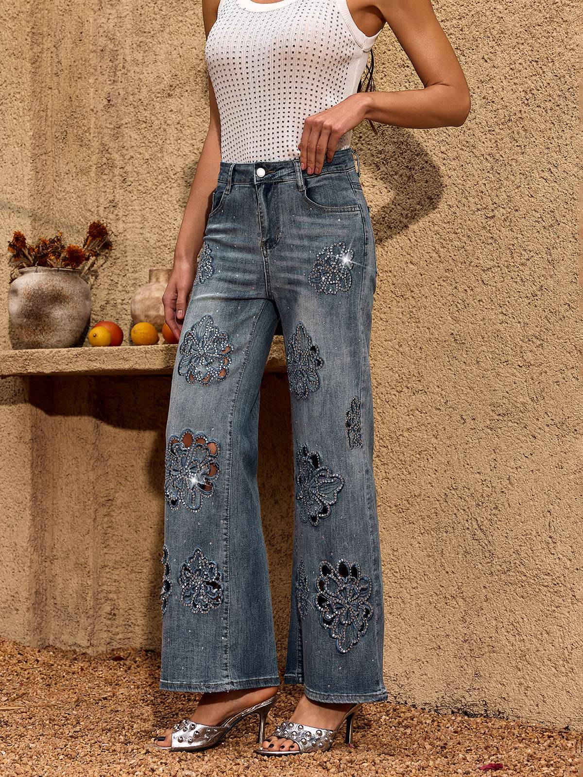 Cheta Flower Rhinestone Straight Jeans - Image 2