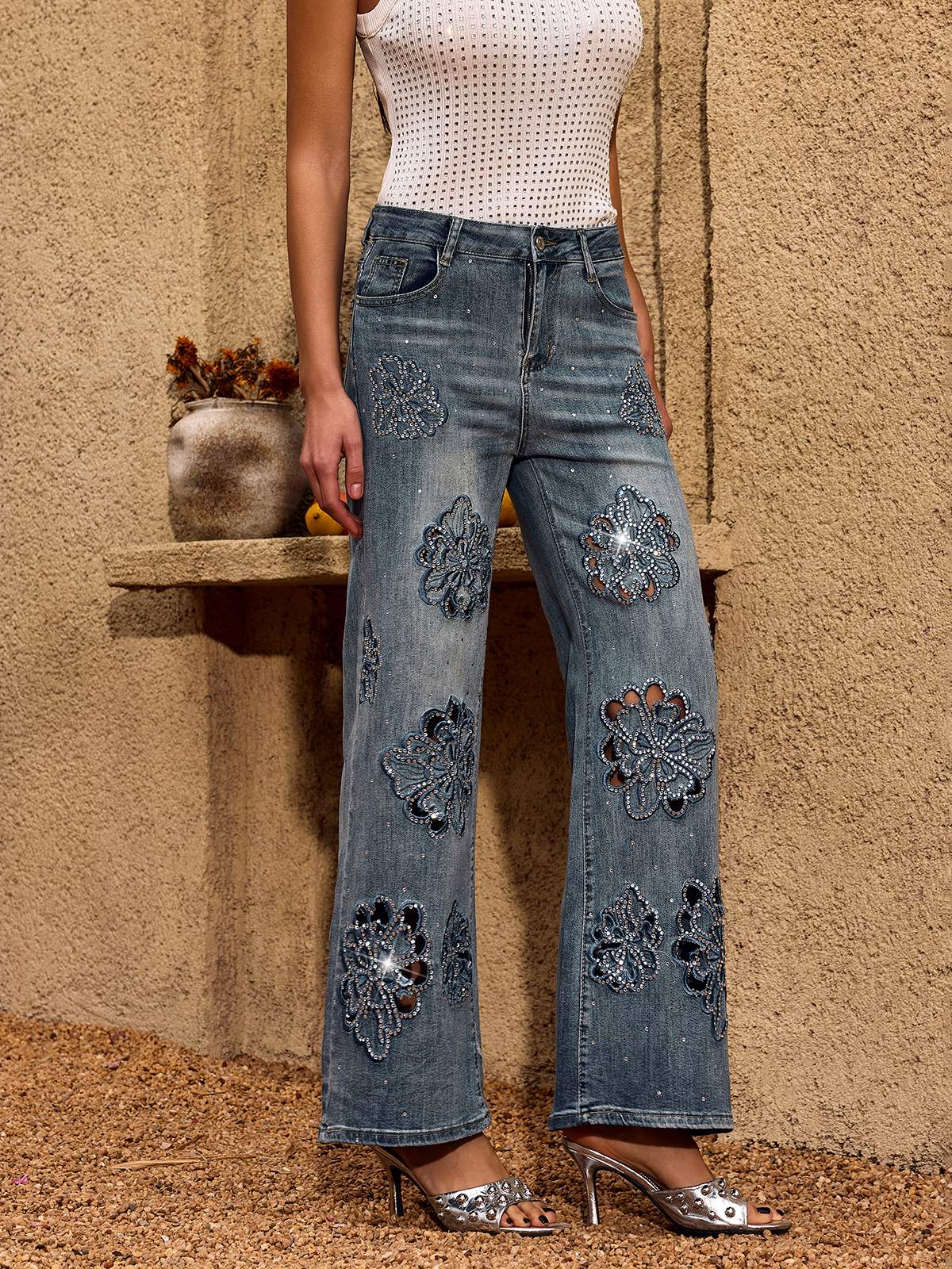 Cheta Flower Rhinestone Straight Jeans - Image 5