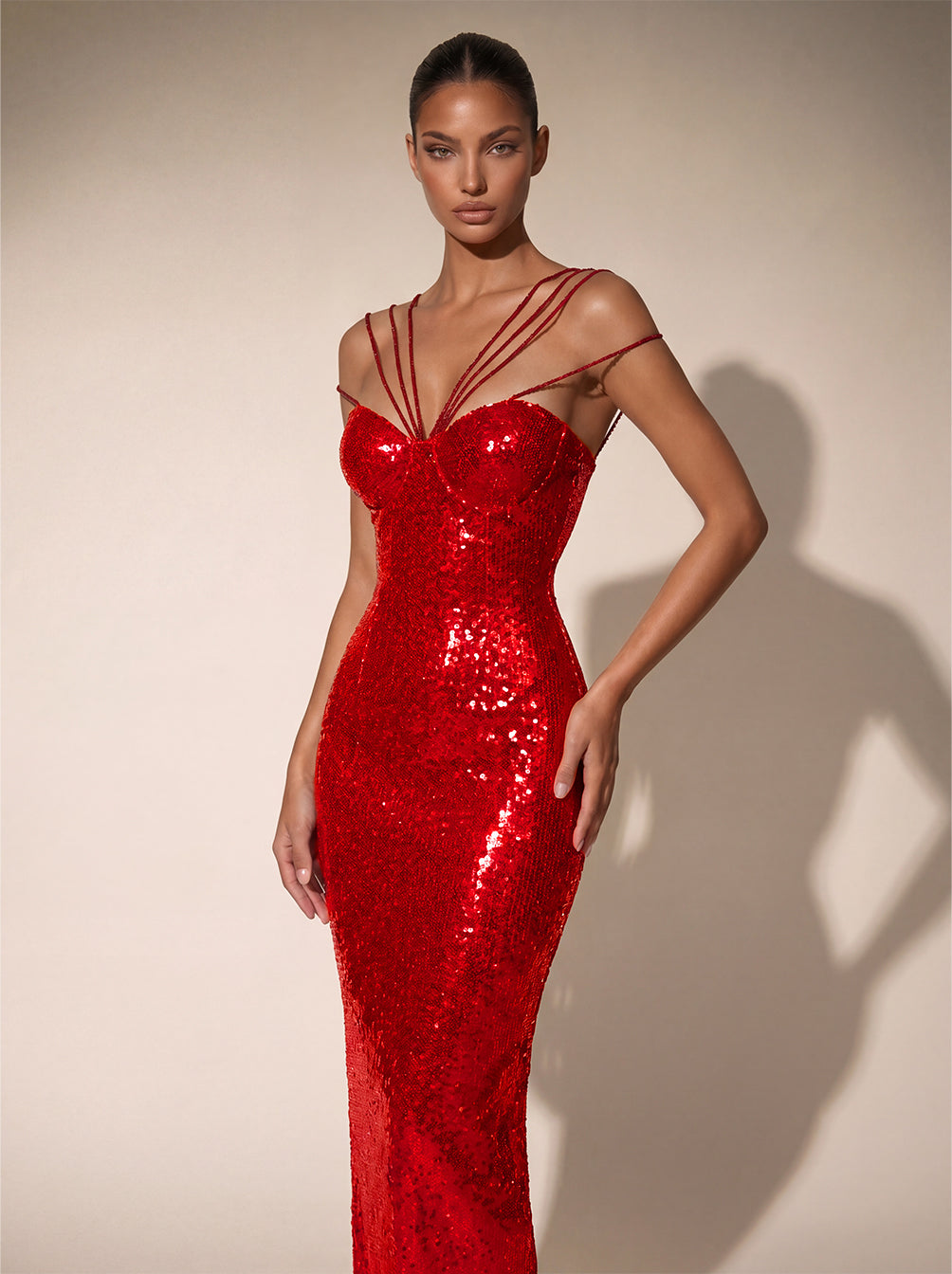 Chiquita Rhinestone Sequin Maxi Dress In Red