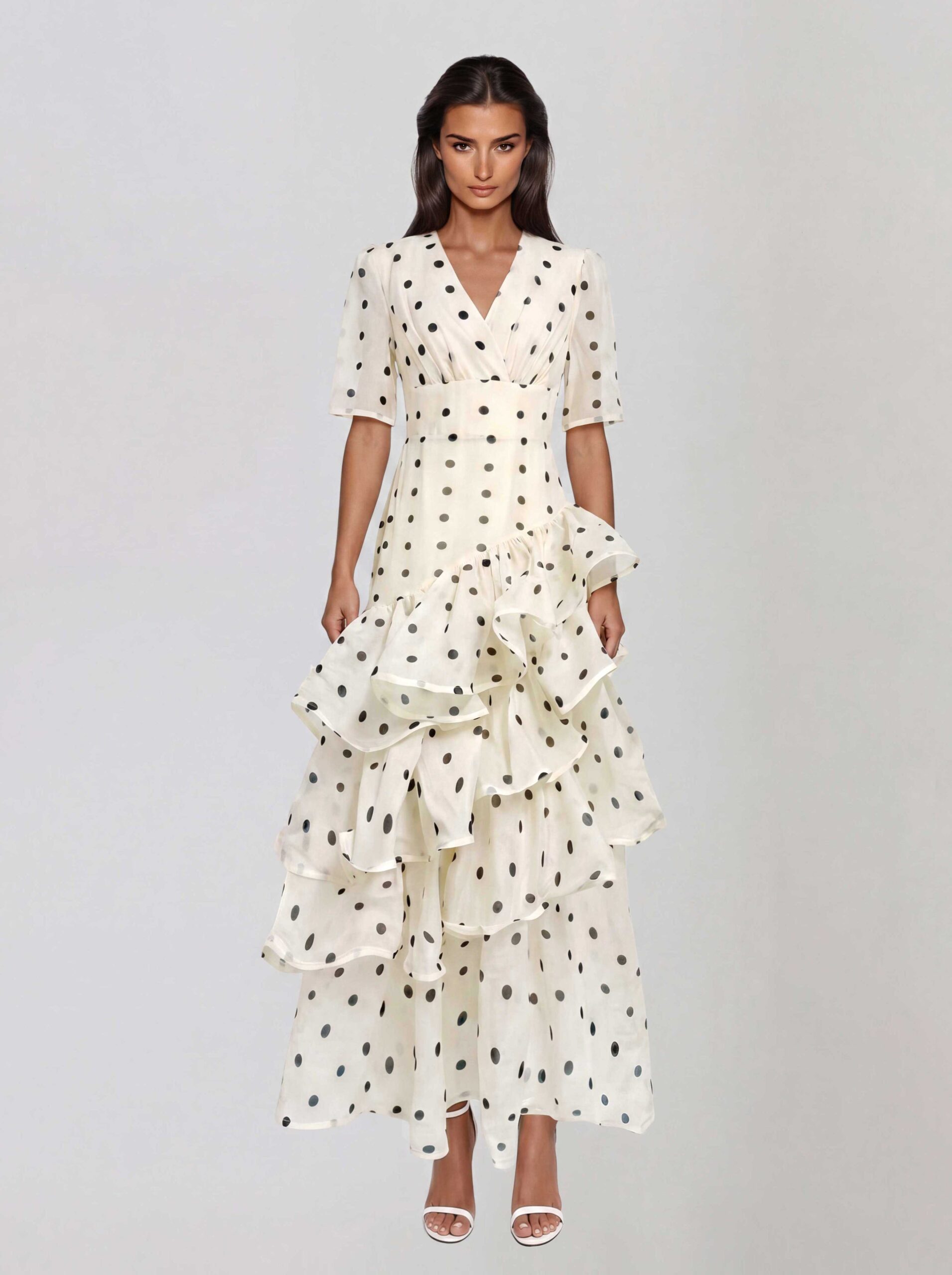 Cynthorix V Neck Dot Ruffle Maxi Dress