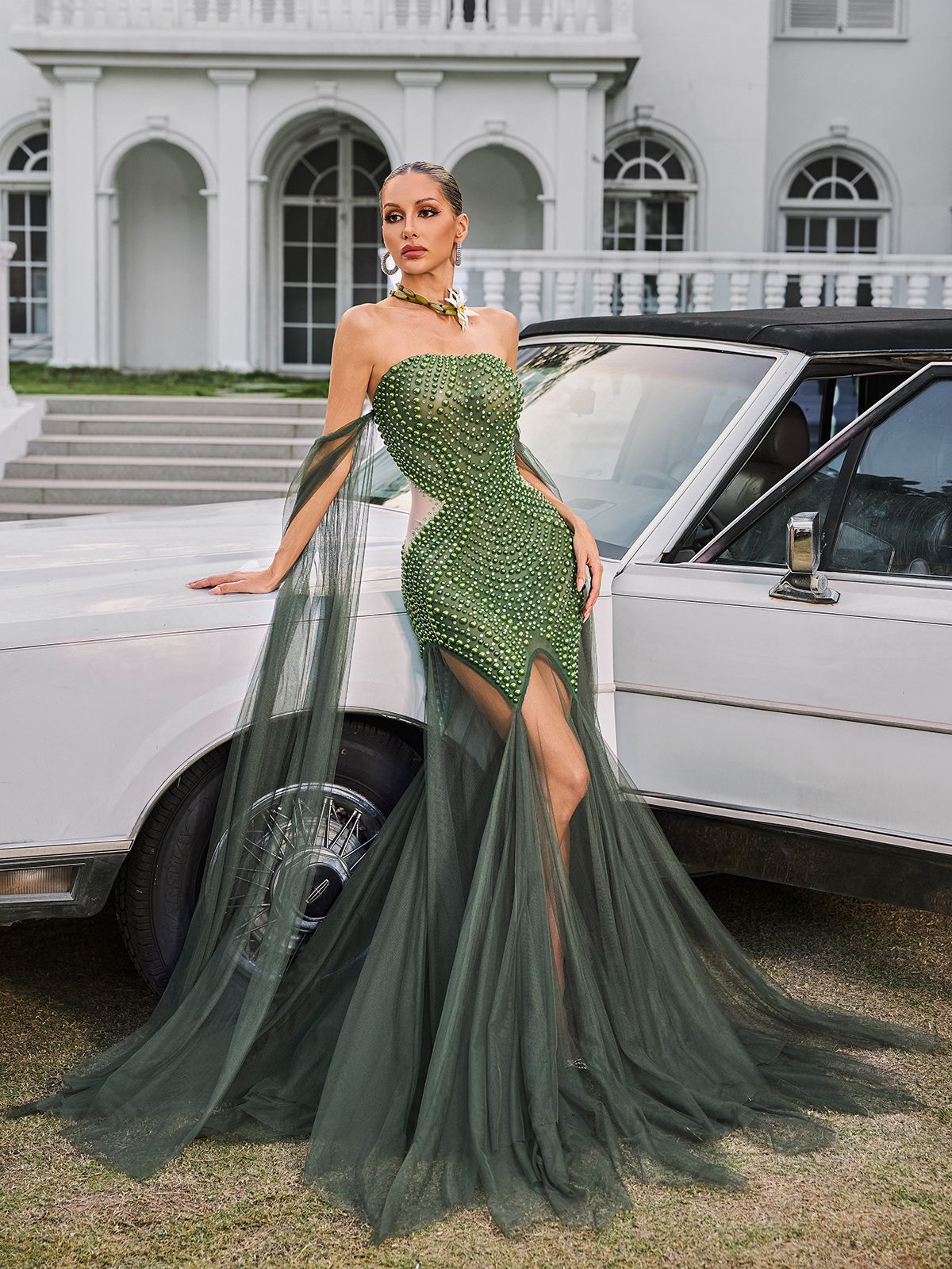 Daelis Off Shoulder Rhinestone Mesh Maxi Dress - Image 3