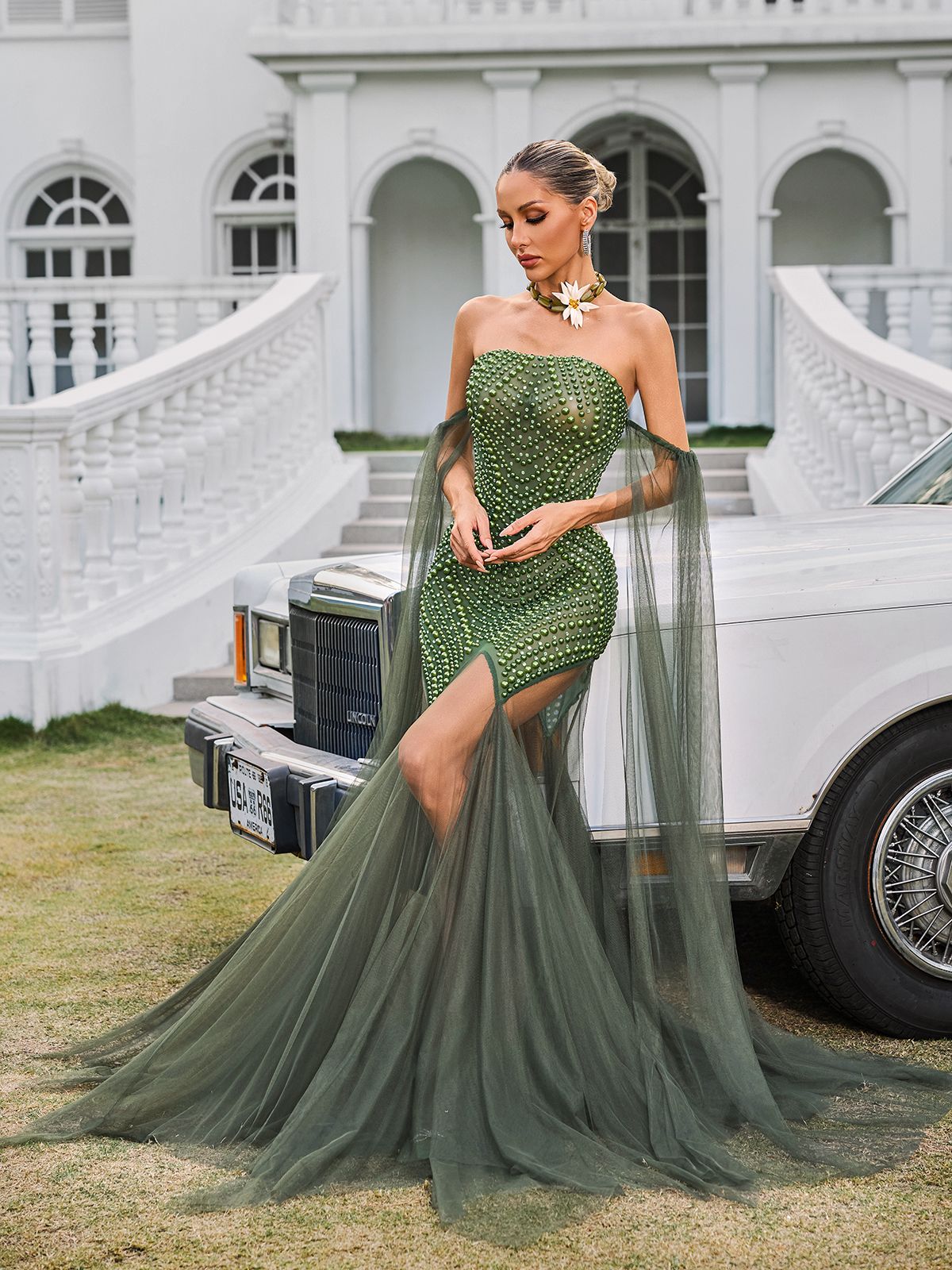Daelis Off Shoulder Rhinestone Mesh Maxi Dress - Image 4