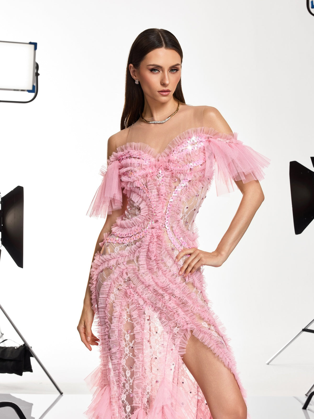 Daenerys Tulle Trimmed Crystal Maxi Dress - Image 5