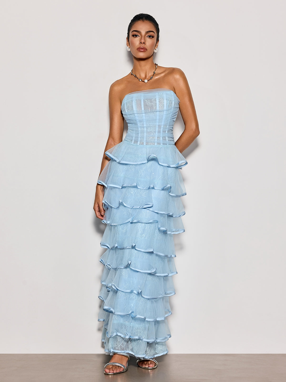 Delicah Strapless Ruffle Tiered Maxi Dress